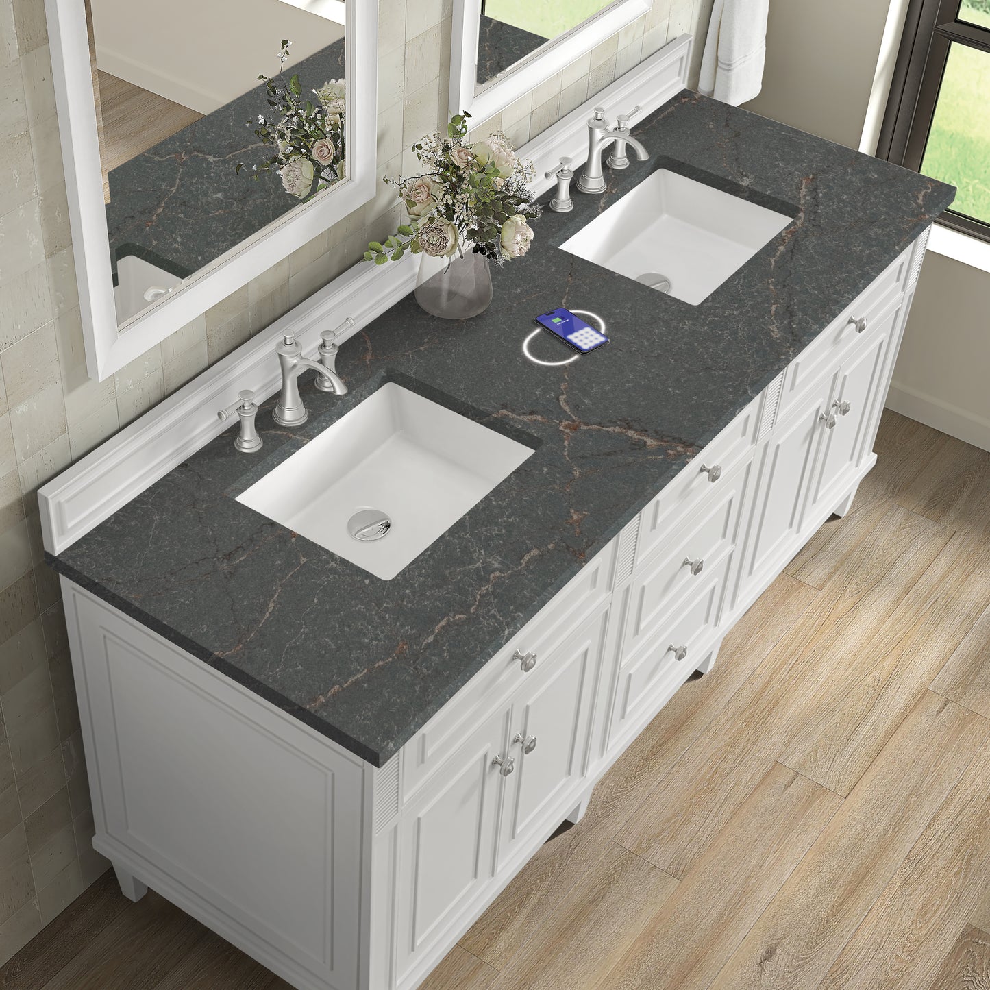 James Martin Vanities Lorelai 72" Bright White Double Vanity With 3 cm Parisien Bleu Silestone Top and FreePower Wireless Charger