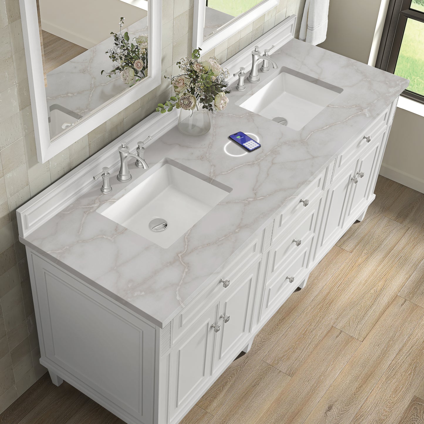 James Martin Vanities Lorelai 72" Bright White Double Vanity With 3 cm Victorian Silver Silestone Top and FreePower Wireless Charger