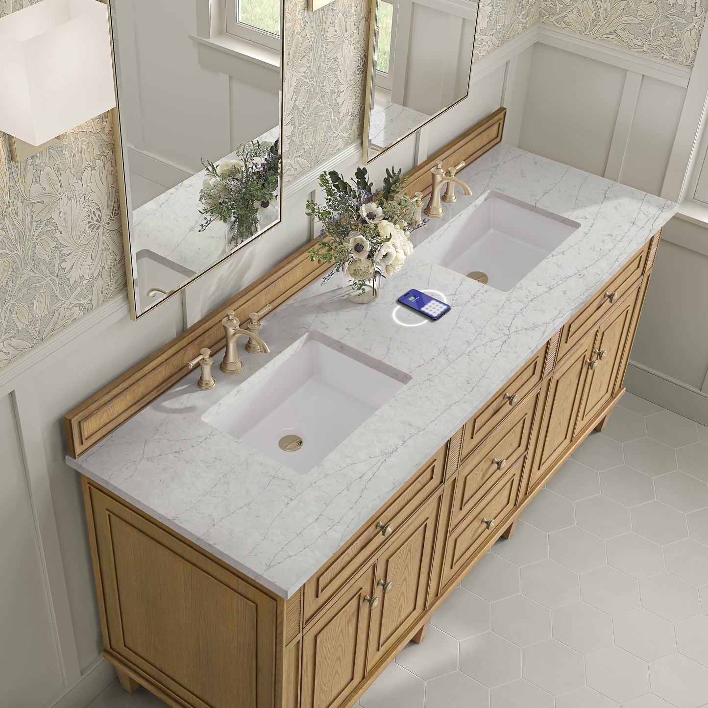 James Martin Vanities Lorelai 72" Light Natural Oak Double Vanity With 3 cm Eternal Jasmine Pearl Silestone Top and FreePower Wireless Charger