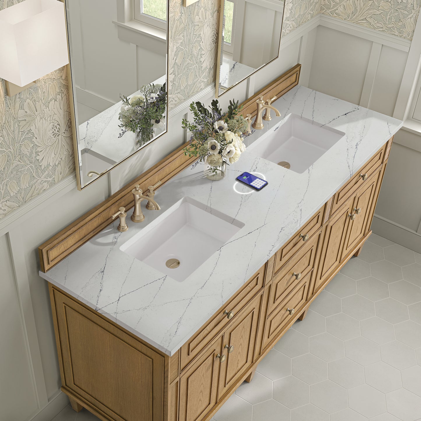 James Martin Vanities Lorelai 72" Light Natural Oak Double Vanity With 3 cm Ethereal Noctis Silestone Top and FreePower Wireless Charger