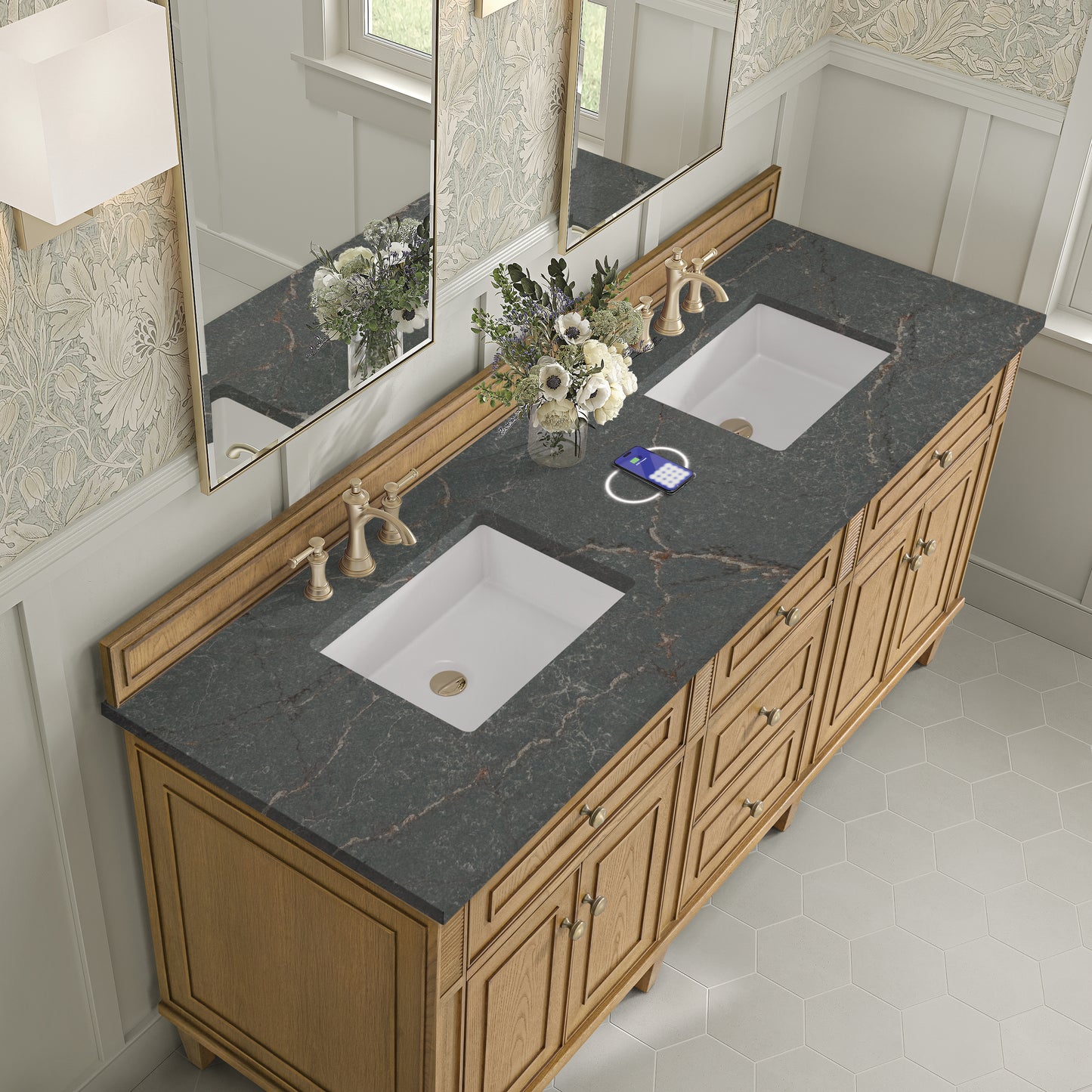 James Martin Vanities Lorelai 72" Light Natural Oak Double Vanity With 3 cm Parisien Bleu Silestone Top and FreePower Wireless Charger