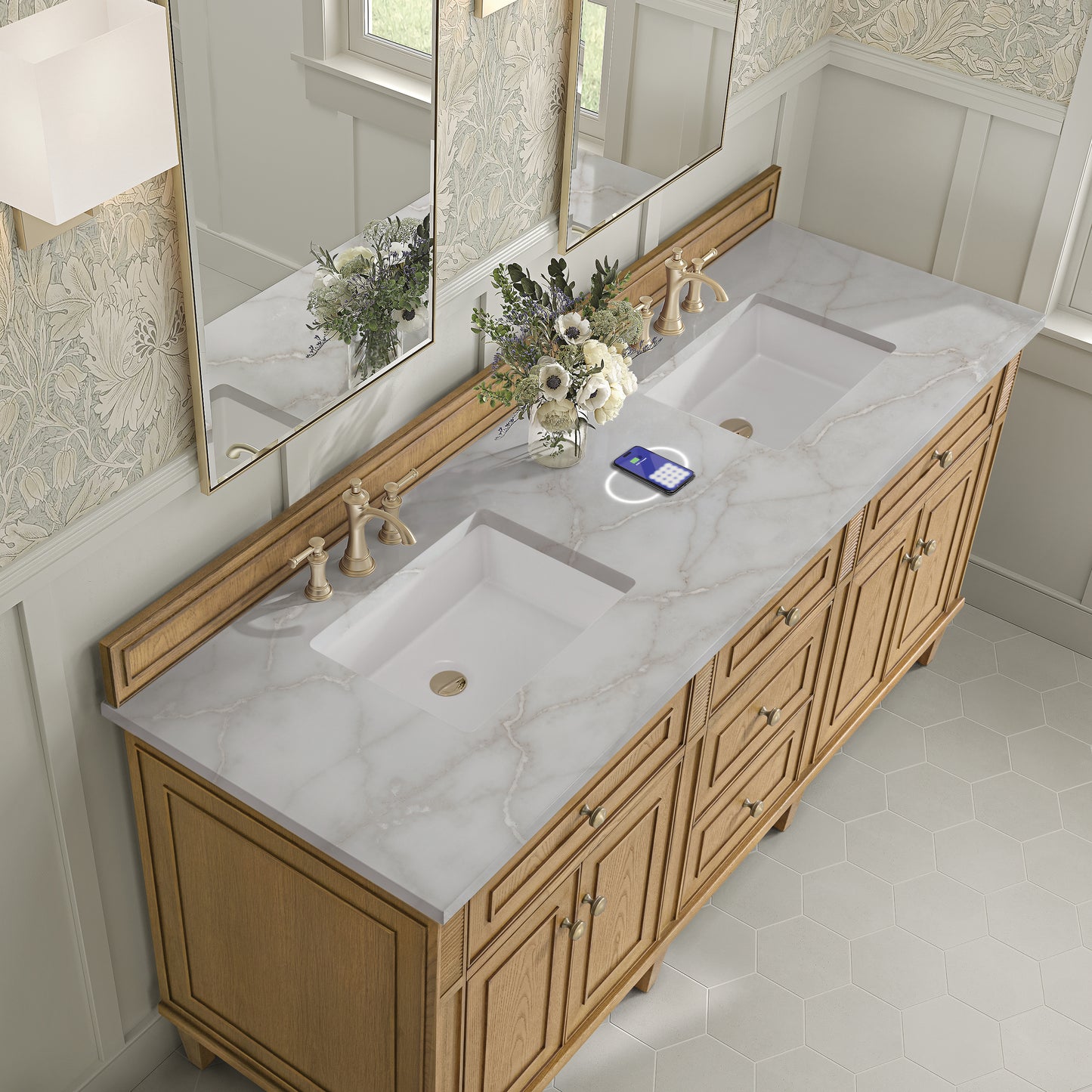 James Martin Vanities Lorelai 72" Light Natural Oak Double Vanity With 3 cm Victorian Silver Silestone Top and FreePower Wireless Charger