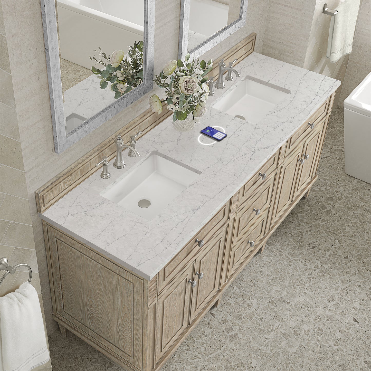 James Martin Vanities Lorelai 72" Whitewashed Oak Double Vanity With 3 cm Eternal Jasmine Pearl Silestone Top and FreePower Wireless Charger