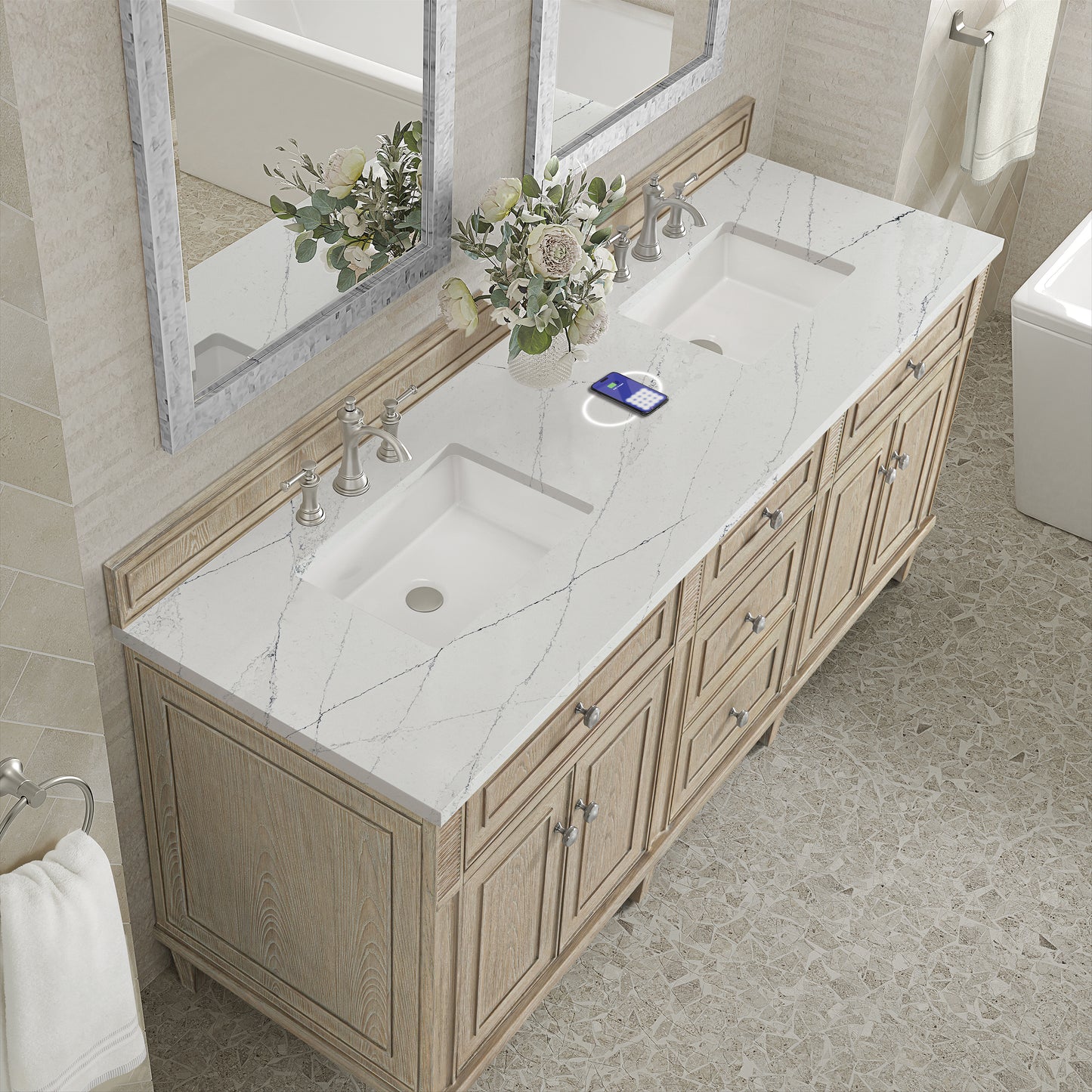 James Martin Vanities Lorelai 72" Whitewashed Oak Double Vanity With 3 cm Ethereal Noctis Silestone Top and FreePower Wireless Charger