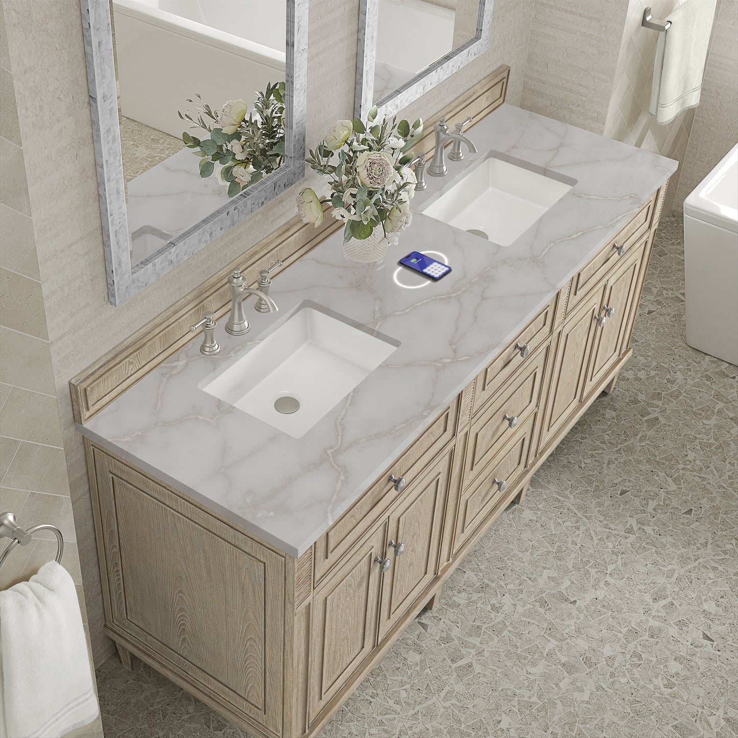 James Martin Vanities Lorelai 72" Whitewashed Oak Double Vanity With 3 cm Victorian Silver Silestone Top and FreePower Wireless Charger
