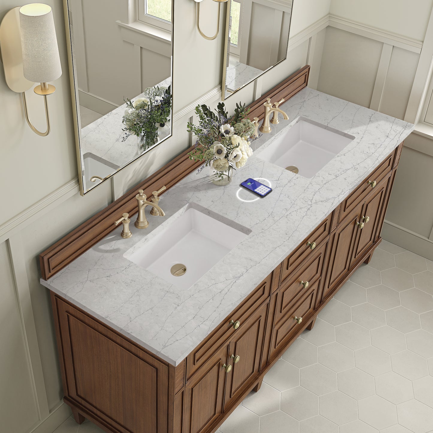 James Martin Vanities Lorelai 72"Double Mid-Century Walnut Double Vanity With 3 cm Eternal Jasmine Pearl Silestone Top and FreePower Wireless Charger