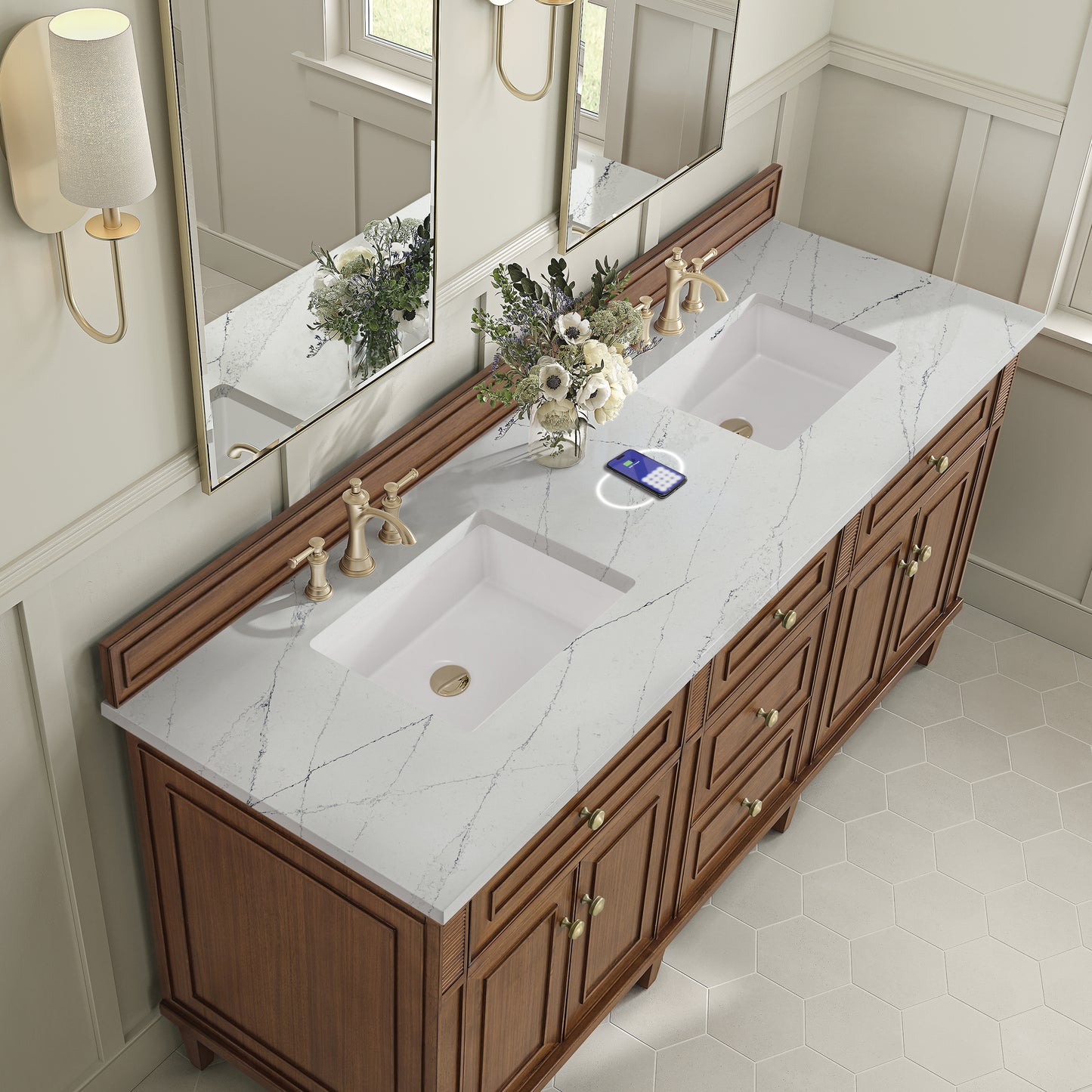 James Martin Vanities Lorelai 72"Double Mid-Century Walnut Double Vanity With 3 cm Ethereal Noctis Silestone Top and FreePower Wireless Charger
