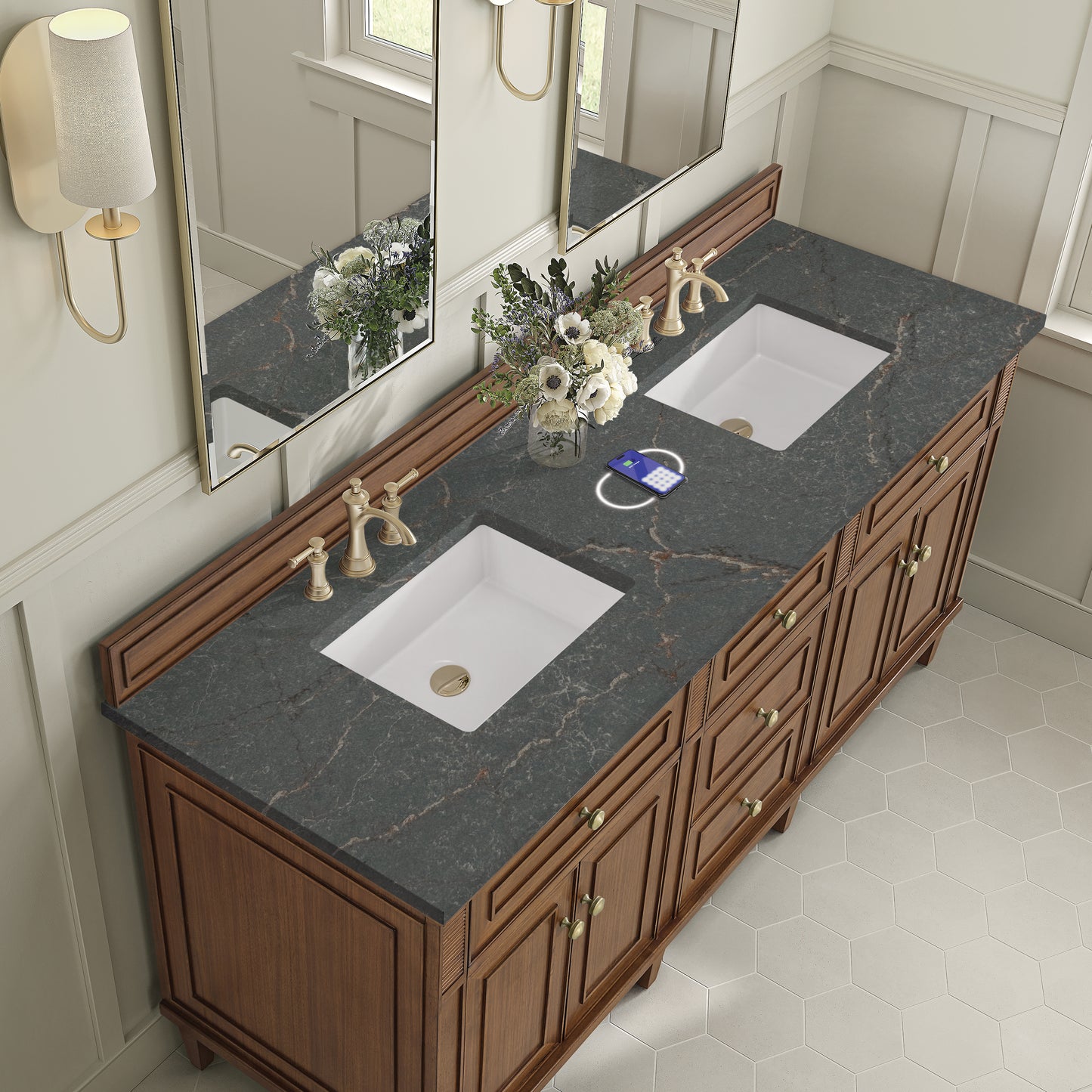 James Martin Vanities Lorelai 72"Double Mid-Century Walnut Double Vanity With 3 cm Parisien Bleu Silestone Top and FreePower Wireless Charger