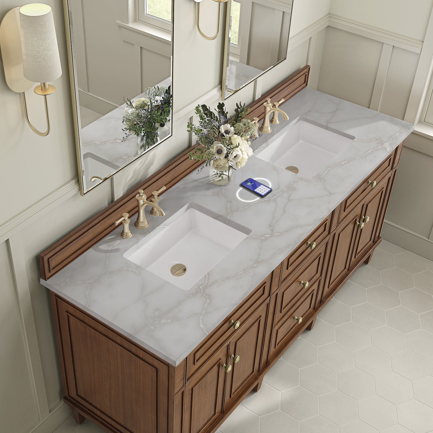 James Martin Vanities Lorelai 72"Double Mid-Century Walnut Double Vanity With 3 cm Victorian Silver Silestone Top and FreePower Wireless Charger