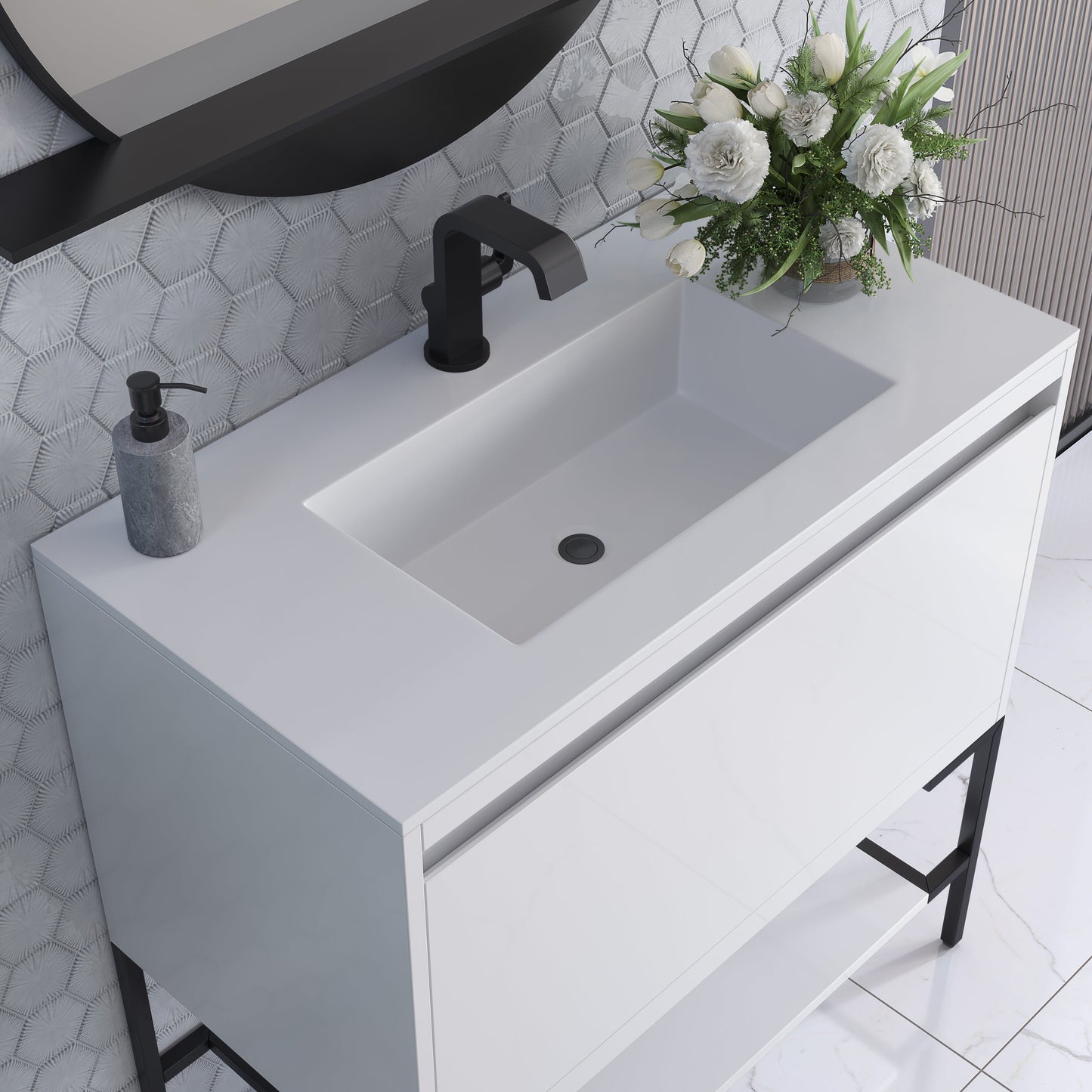 James Martin Vanities Mantova 35.4" Glossy White and Matte Black Base Single Vanity With Glossy White Composite Stone Top