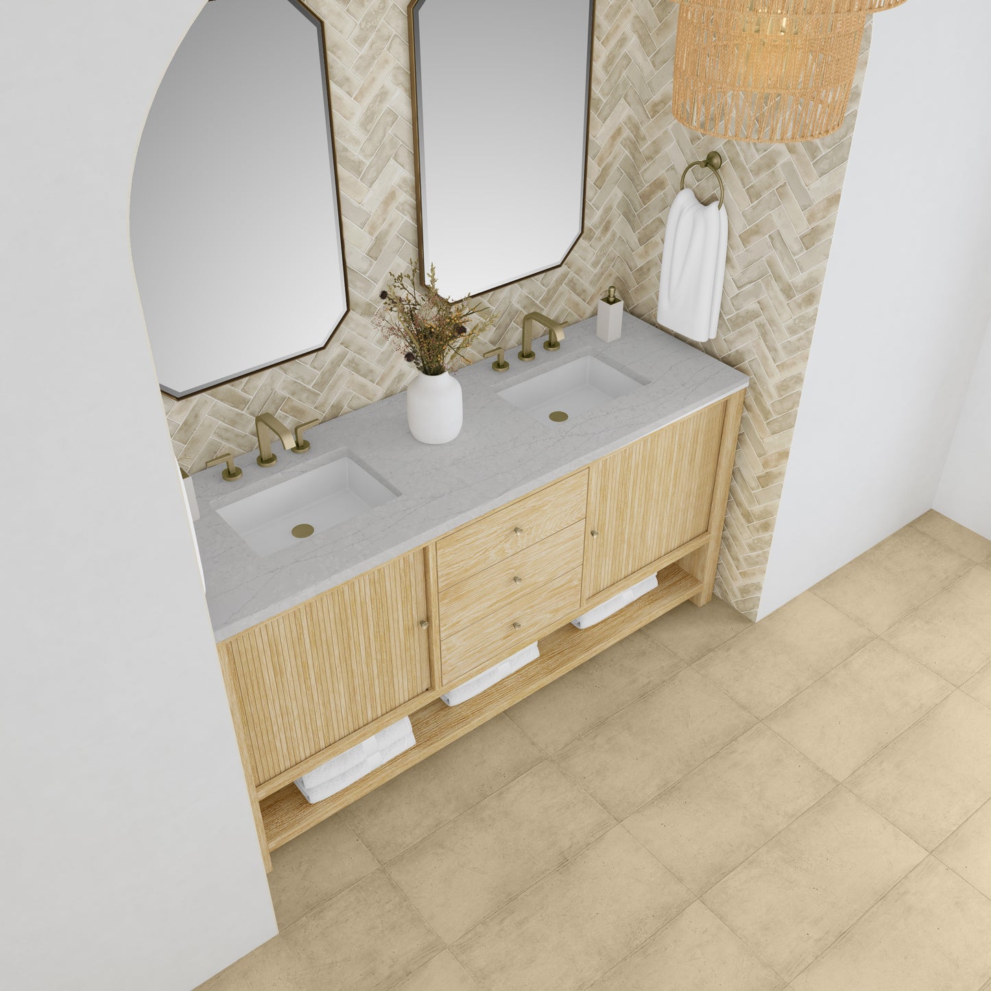James Martin Vanities Marigot 72" Sunwashed Oak Double Vanity With 3cm Eternal Jasmine Pearl Silestone Top With FreePower Wireless Charger