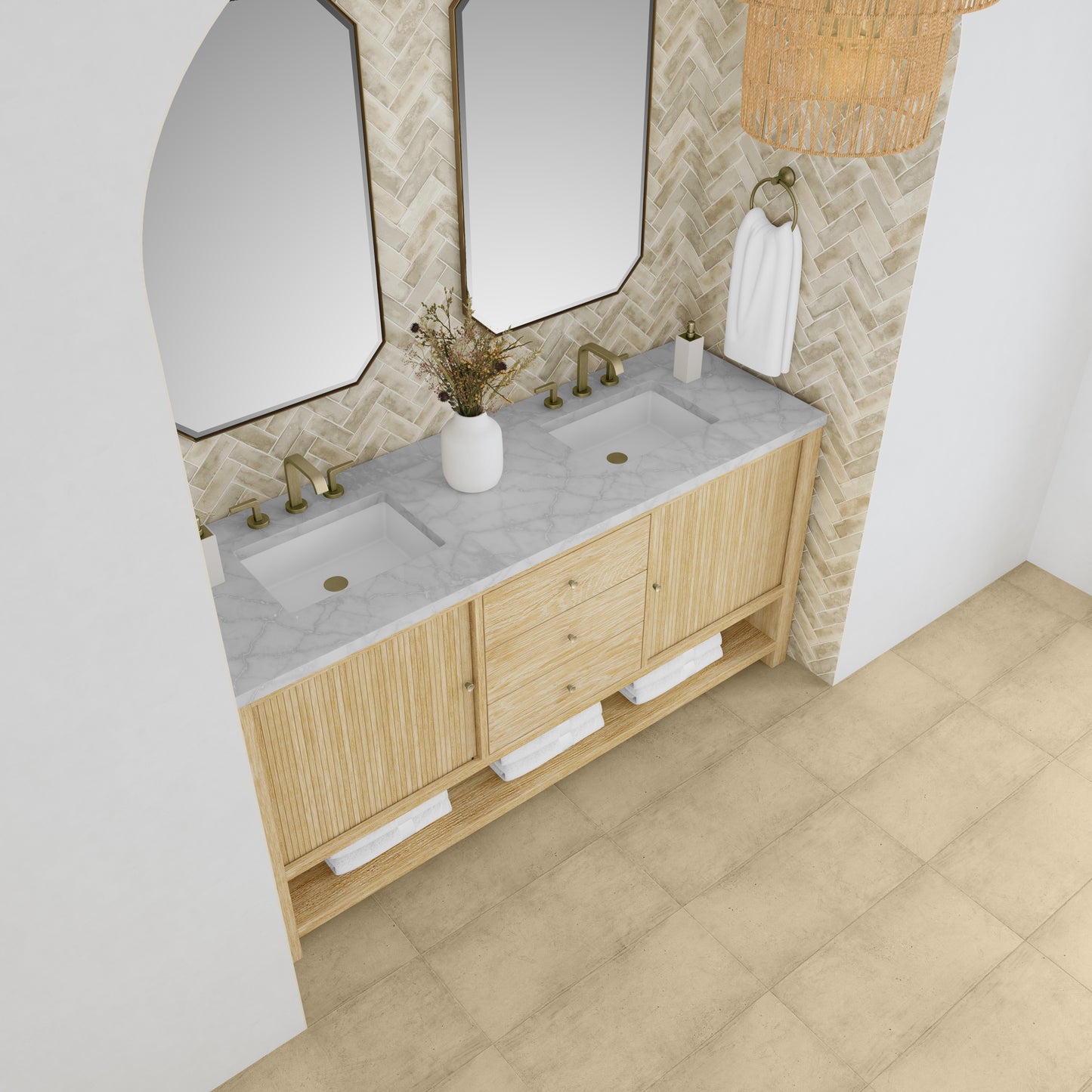 James Martin Vanities Marigot 72" Sunwashed Oak Double Vanity With 3cm Victorian Silver Silestone Top With FreePower Wireless Charger