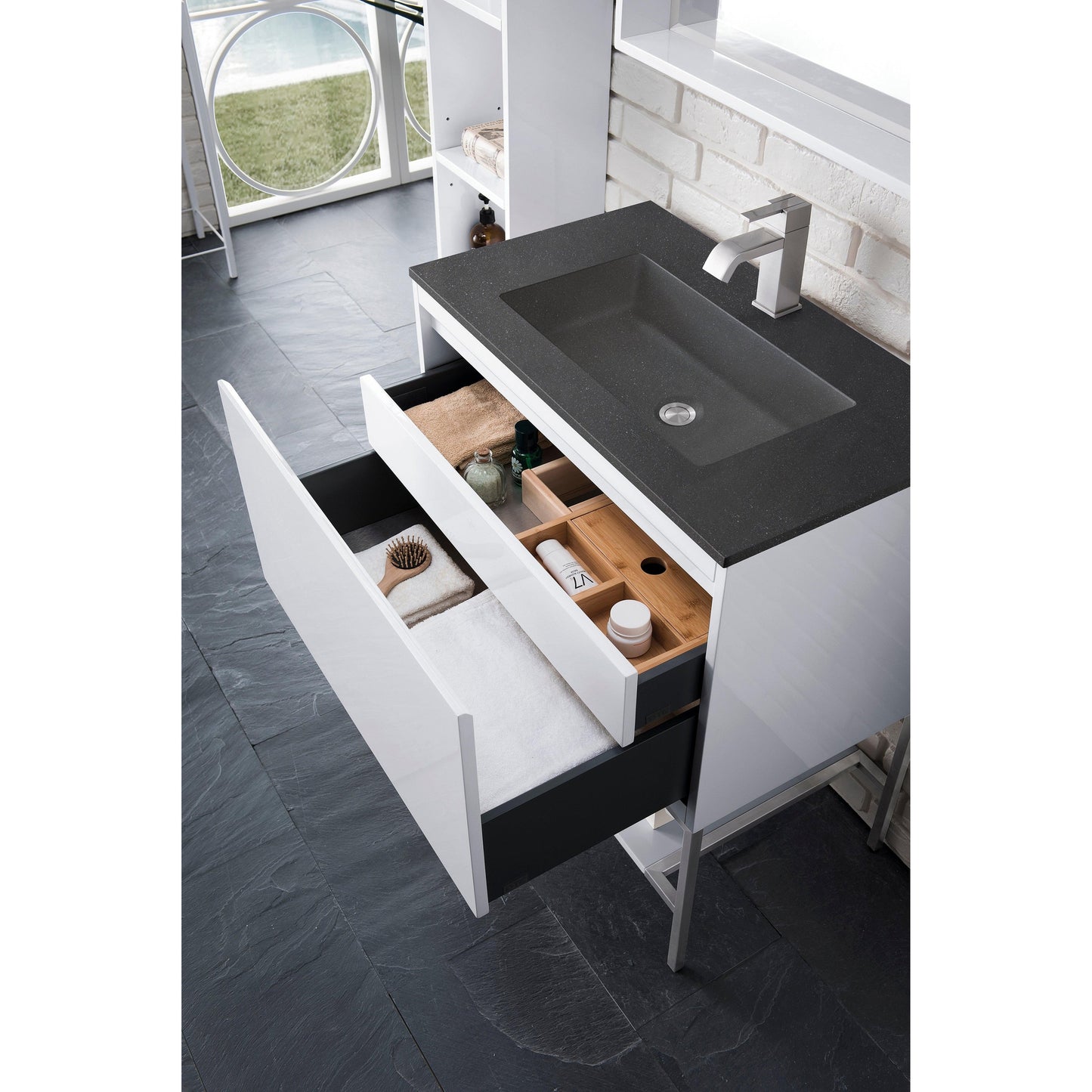 James Martin Vanities Milan 31.5" Glossy White, Brushed Nickel Single Vanity Cabinet With Charcoal Black Composite Top