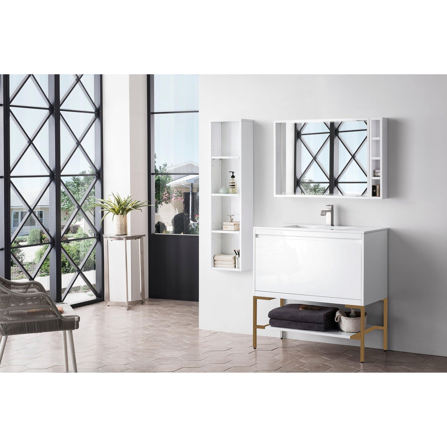 James Martin Vanities Milan 35.4" Glossy White, Radiant Gold Single Vanity Cabinet With Glossy White Composite Top