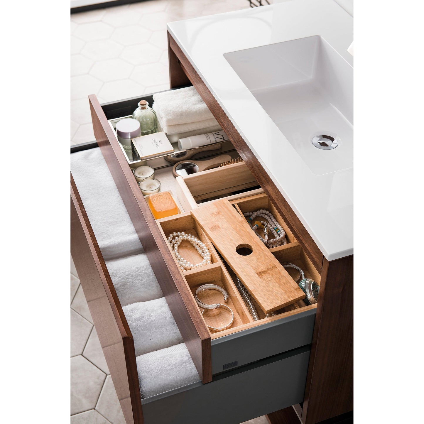 James Martin Vanities Milan 35.4" Mid Century Walnut Single Vanity Cabinet With Glossy White Composite Top