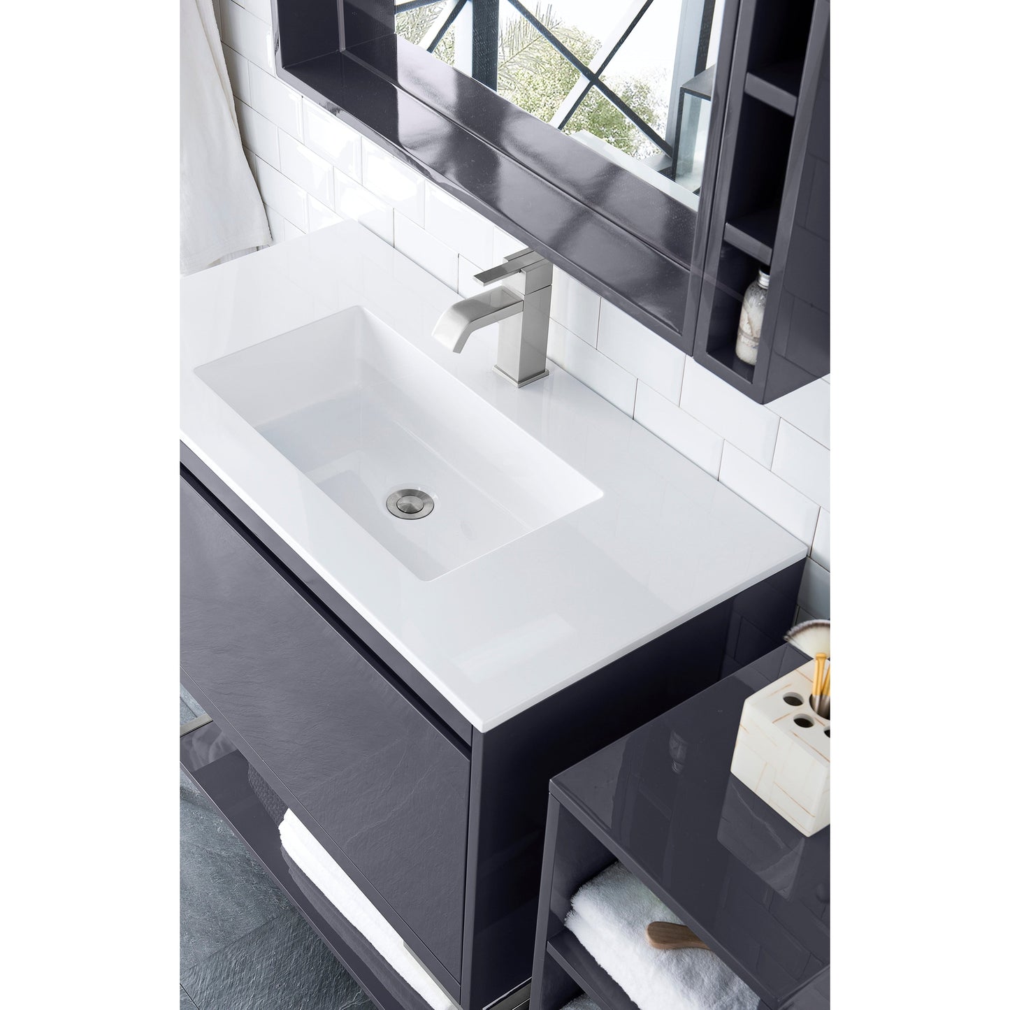 James Martin Vanities Milan 35.4" Modern Grey Glossy, Brushed Nickel Single Vanity Cabinet With Glossy White Composite Top
