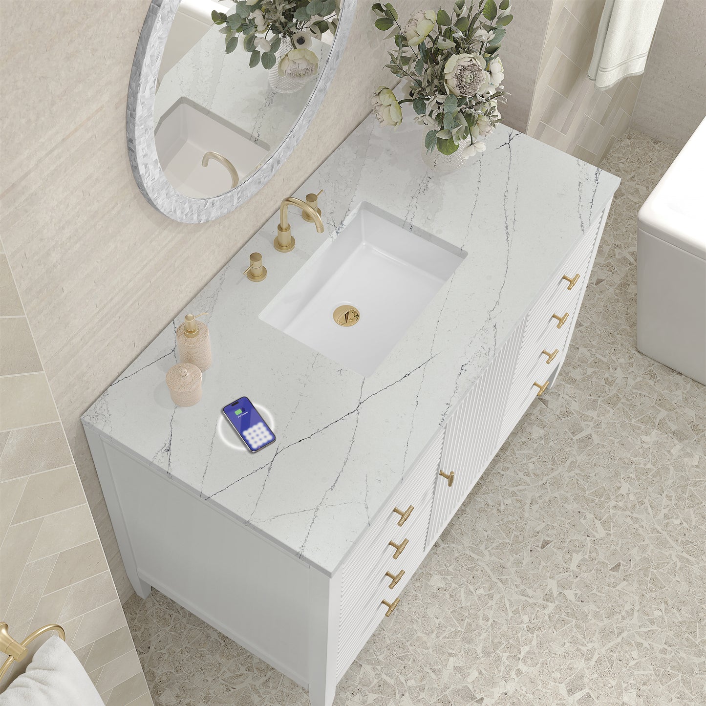 James Martin Vanities Myrrin 48" Bright White Single Vanity With 3 cm Ethereal Noctis Silestone Top and FreePower Wireless Charger