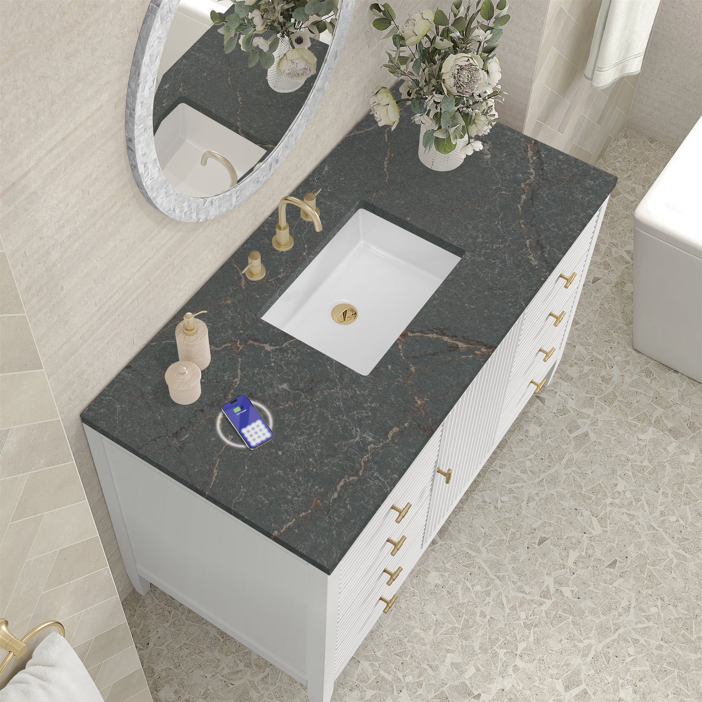 James Martin Vanities Myrrin 48" Bright White Single Vanity With 3 cm Parisien Bleu Silestone Top and FreePower Wireless Charger