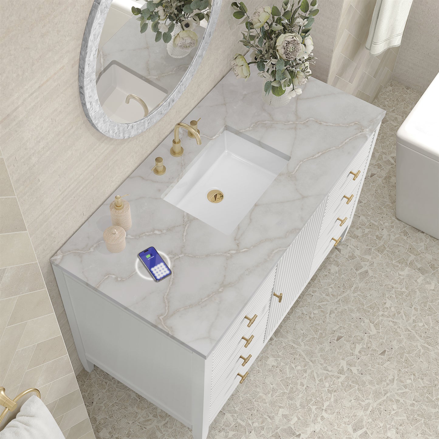 James Martin Vanities Myrrin 48" Bright White Single Vanity With 3 cm Victorian Silver Silestone Top and FreePower Wireless Charger