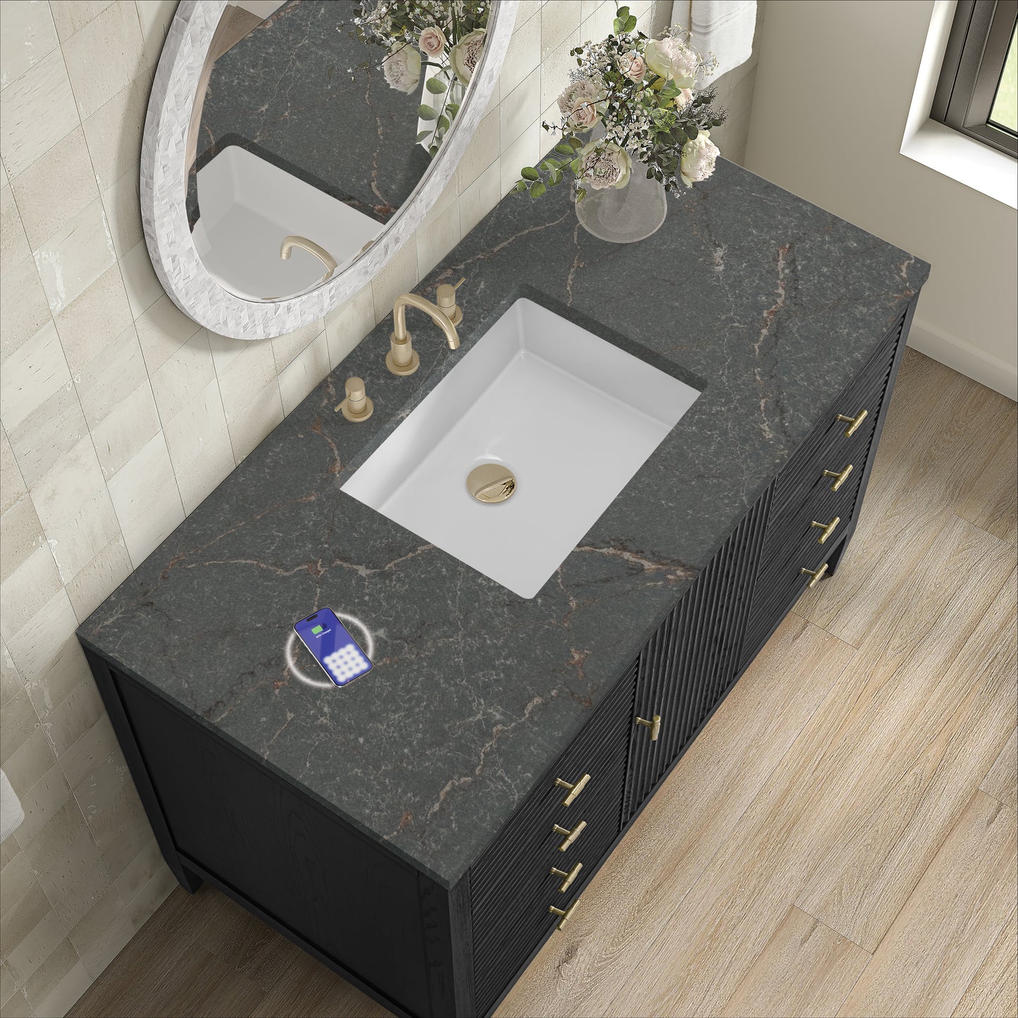 James Martin Vanities Myrrin 48" Carbon Oak Single Vanity With 3 cm Parisien Bleu Silestone Top and FreePower Wireless Charger