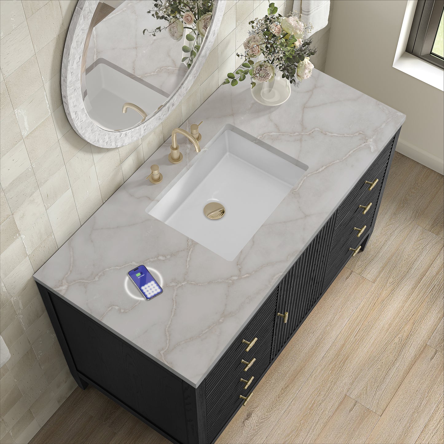 James Martin Vanities Myrrin 48" Carbon Oak Single Vanity With 3 cm Victorian Silver Silestone Top and FreePower Wireless Charger