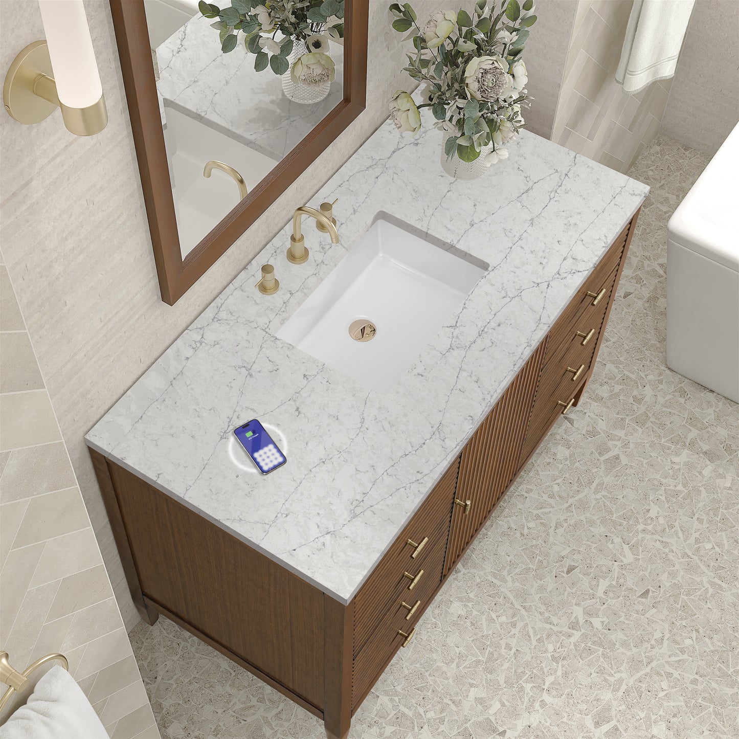 James Martin Vanities Myrrin 48" Mid-Century Walnut Single Vanity With 3 cm Eternal Jasmine Pearl Silestone Top and FreePower Wireless Charger