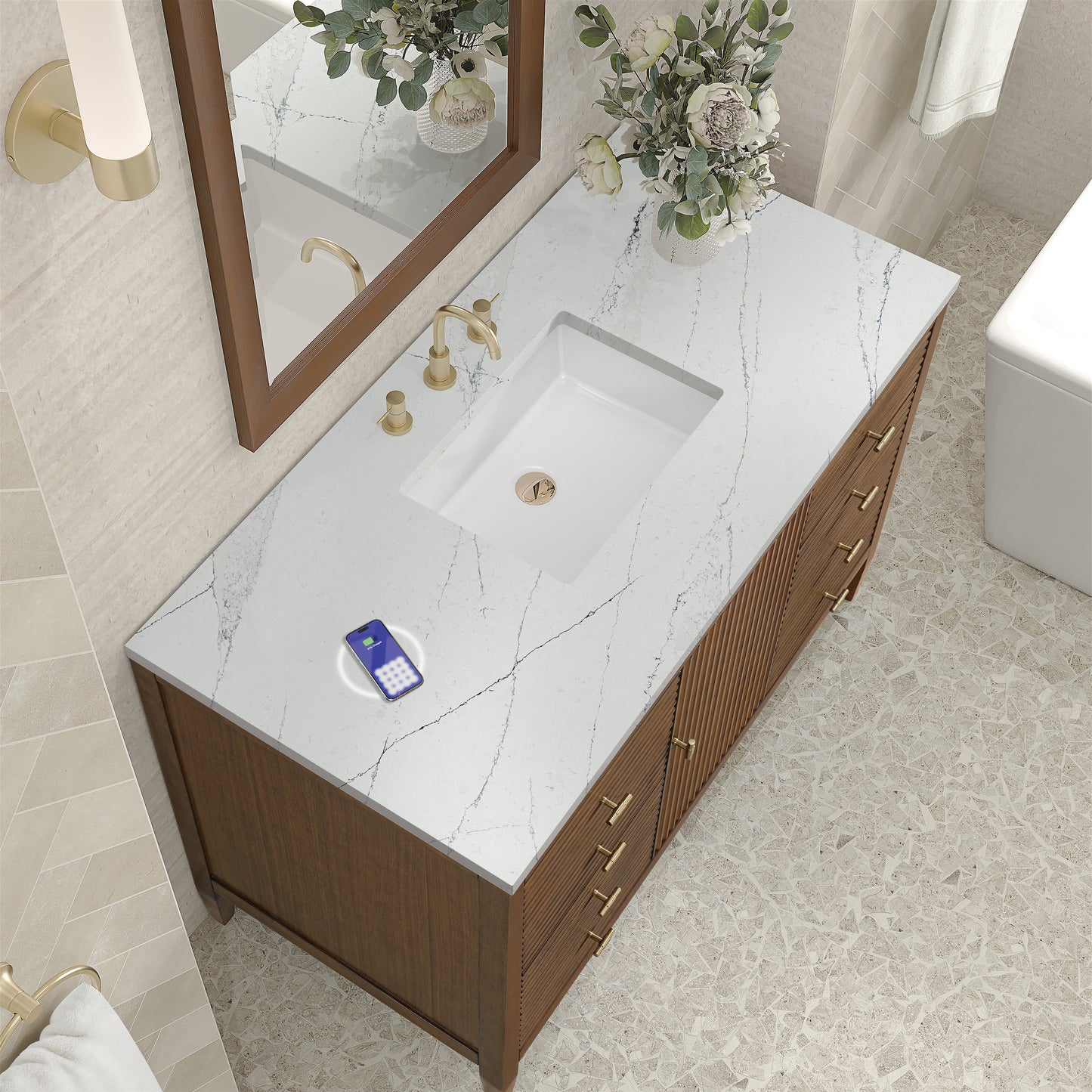 James Martin Vanities Myrrin 48" Mid-Century Walnut Single Vanity With 3 cm Ethereal Noctis Silestone Top and FreePower Wireless Charger