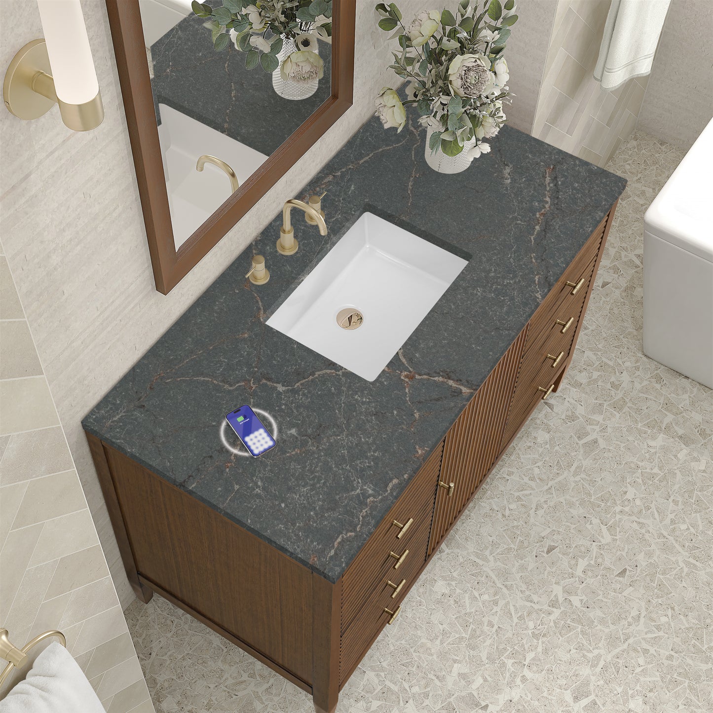 James Martin Vanities Myrrin 48" Mid-Century Walnut Single Vanity With 3 cm Parisien Bleu Silestone Top and FreePower Wireless Charger