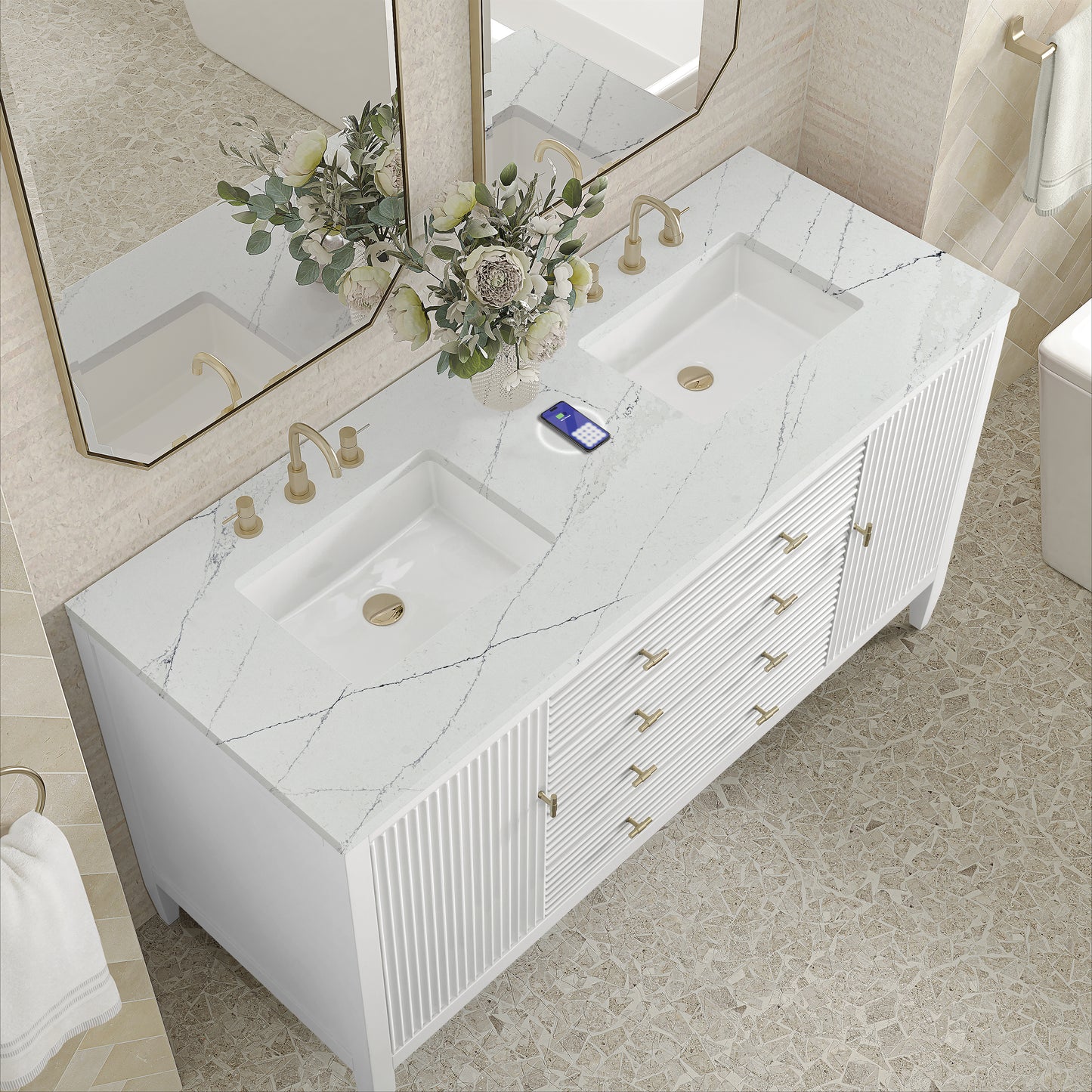 James Martin Vanities Myrrin 60" Bright White Double Vanity With 3 cm Ethereal Noctis Silestone Top and FreePower Wireless Charger