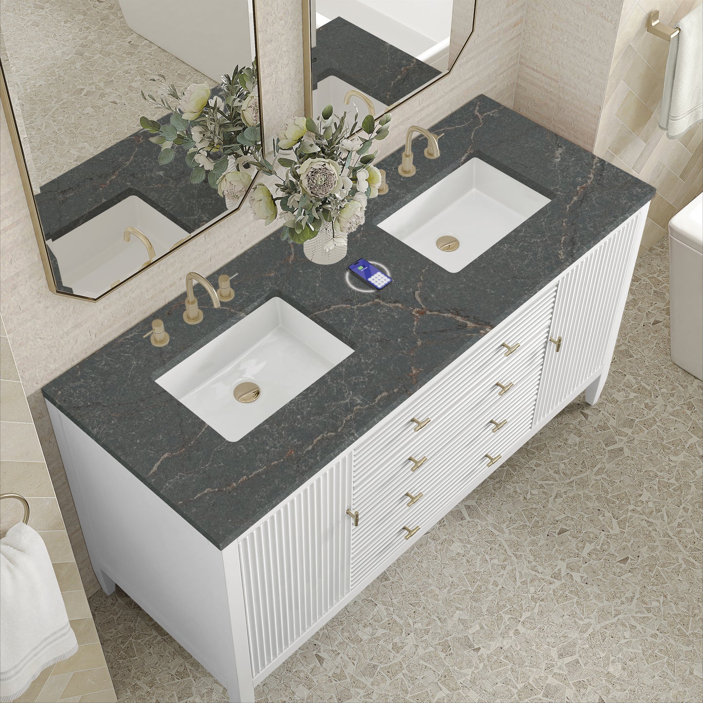 James Martin Vanities Myrrin 60" Bright White Double Vanity With 3 cm Parisien Bleu Silestone Top and FreePower Wireless Charger