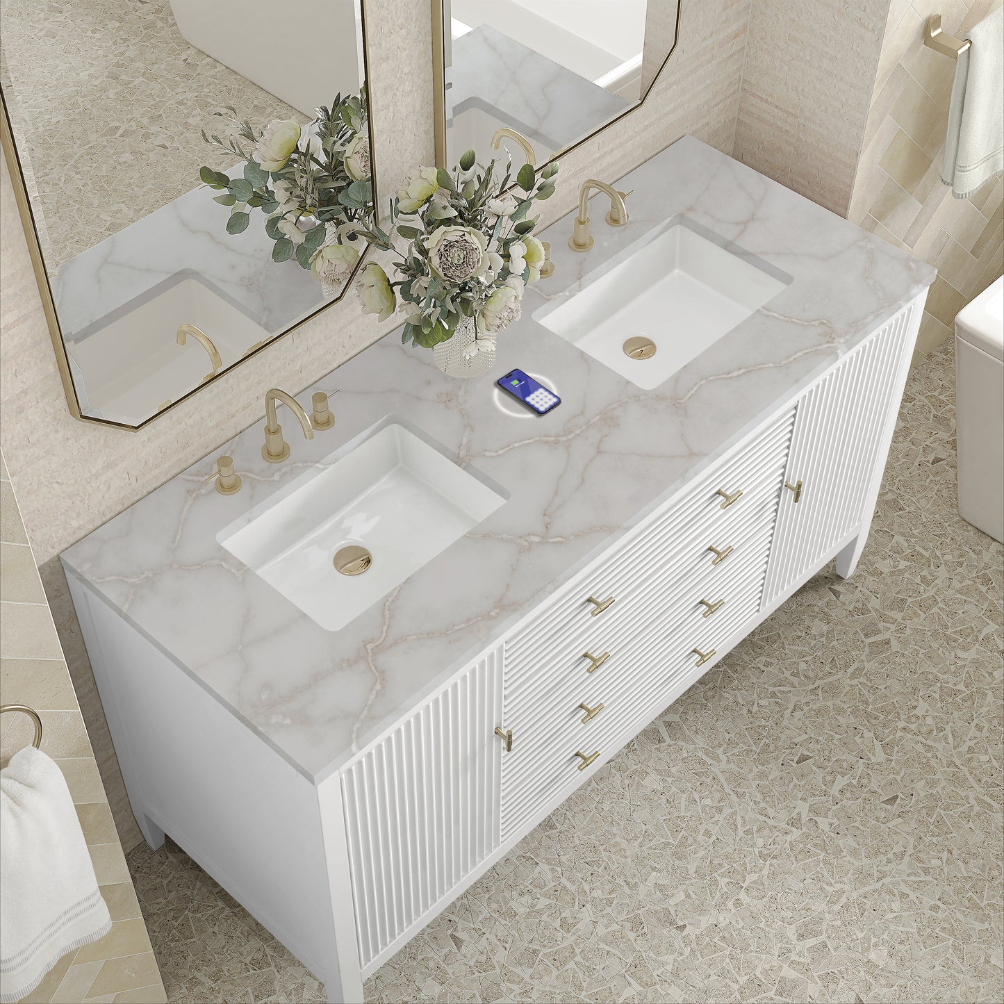 James Martin Vanities Myrrin 60" Bright White Double Vanity With 3 cm Victorian Silver Silestone Top and FreePower Wireless Charger