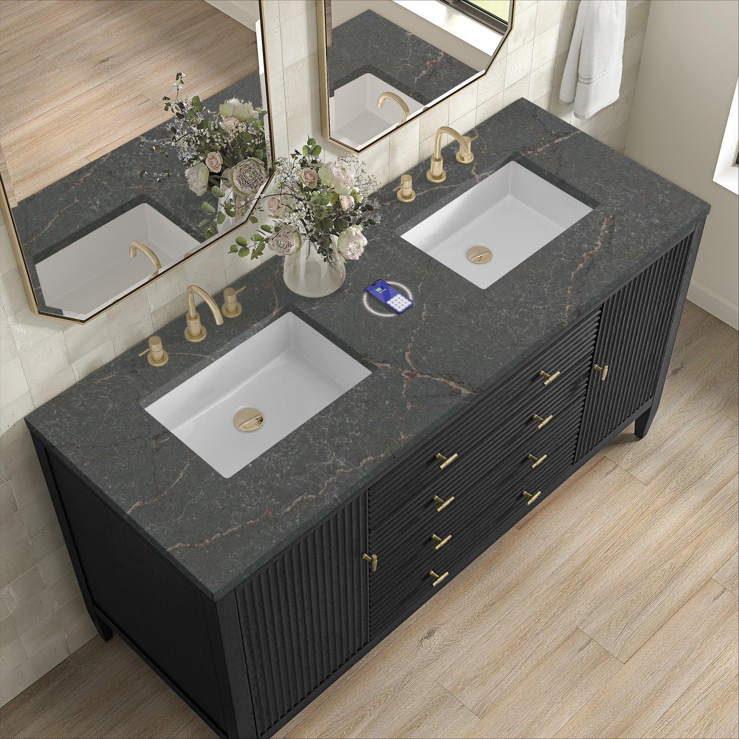 James Martin Vanities Myrrin 60" Carbon Oak Double Vanity With 3 cm Parisien Bleu Silestone Top and FreePower Wireless Charger