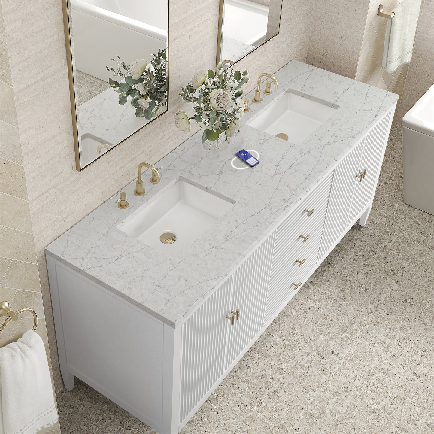 James Martin Vanities Myrrin 72" Bright White Double Vanity With 3 cm Eternal Jasmine Pearl Silestone Top and FreePower Wireless Charger