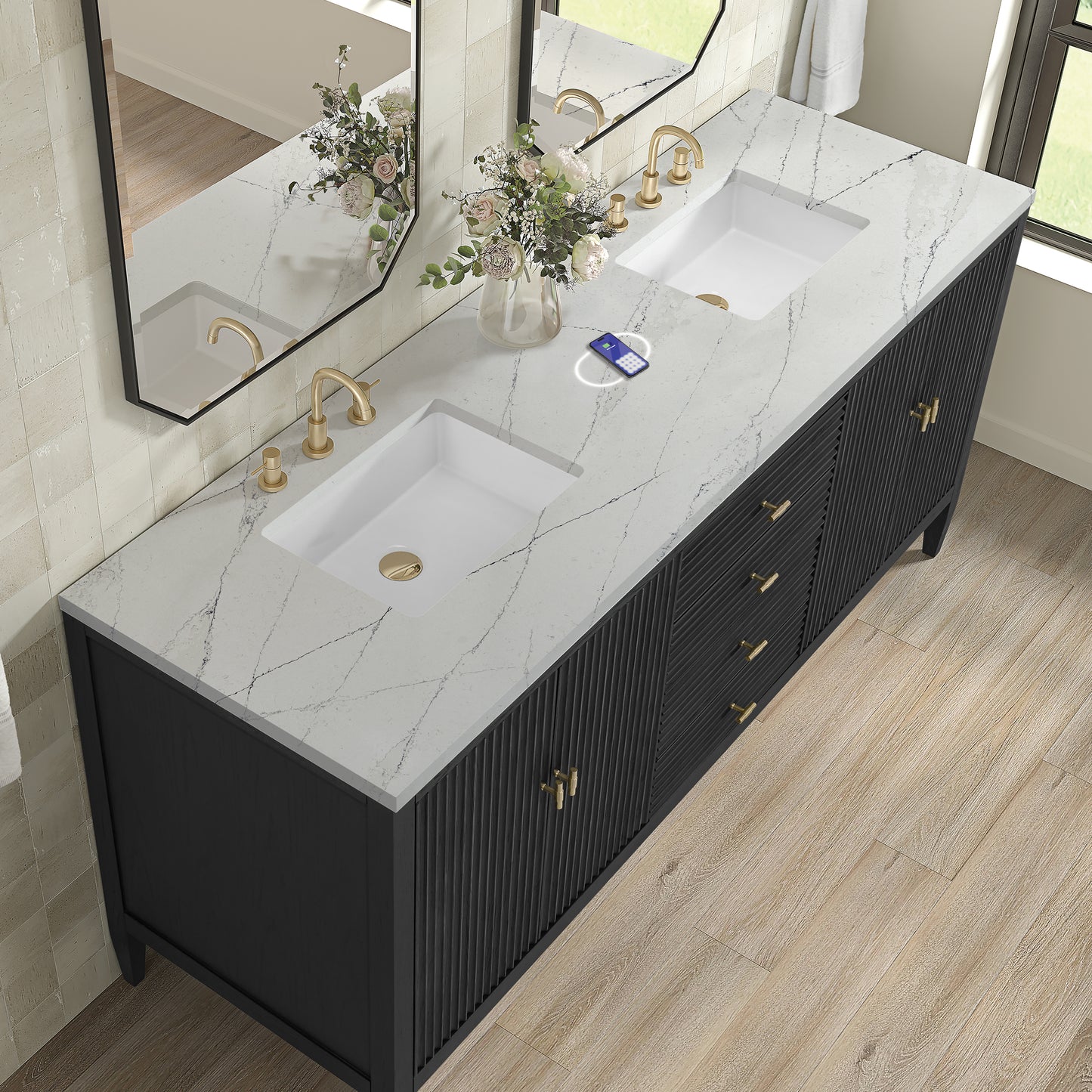James Martin Vanities Myrrin 72" Carbon Oak Double Vanity With 3 cm Ethereal Noctis Silestone Top and FreePower Wireless Charger
