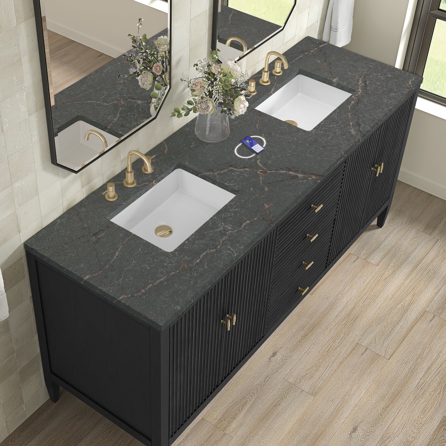 James Martin Vanities Myrrin 72" Carbon Oak Double Vanity With 3 cm Parisien Bleu Silestone Top and FreePower Wireless Charger