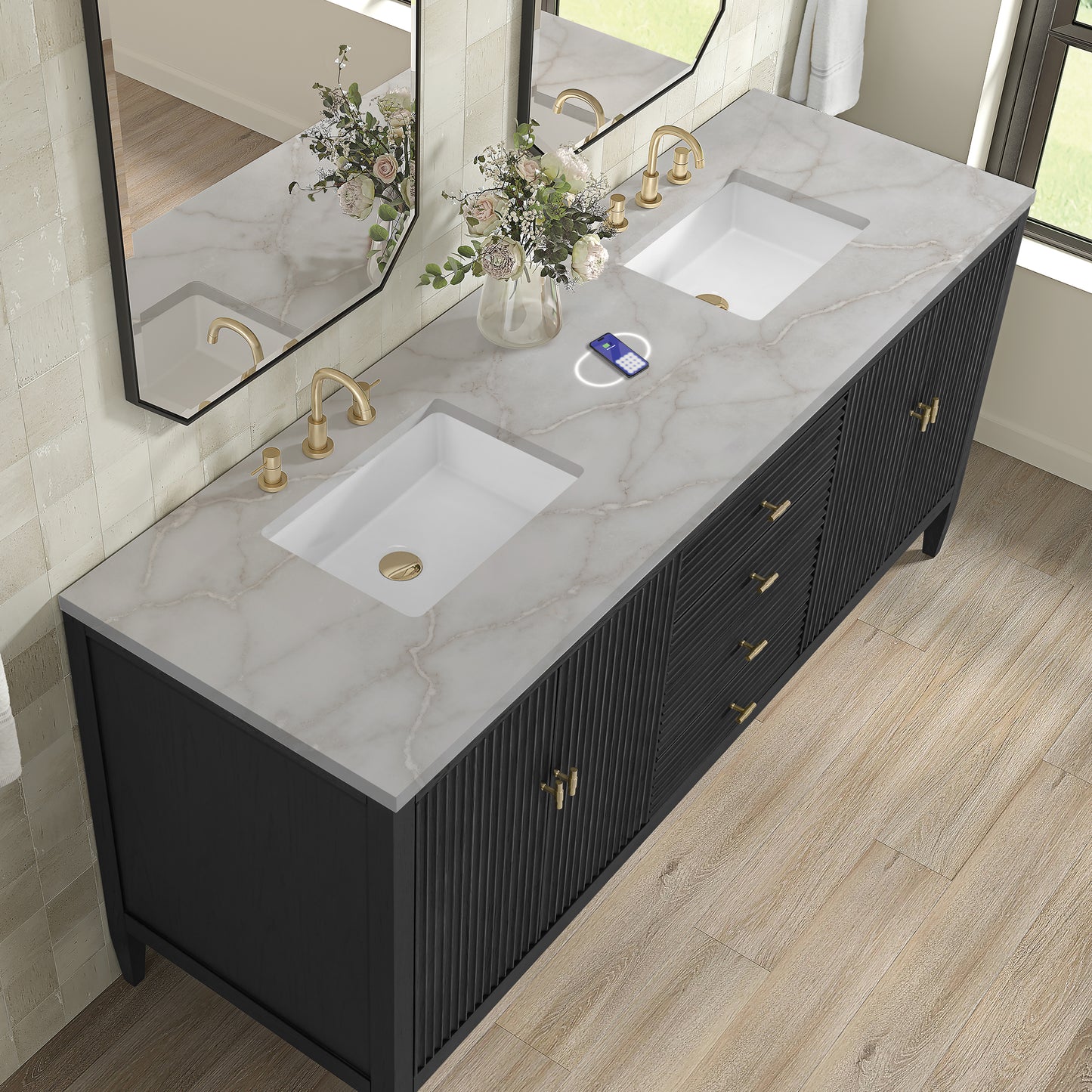 James Martin Vanities Myrrin 72" Carbon Oak Double Vanity With 3 cm Victorian Silver Silestone Top and FreePower Wireless Charger