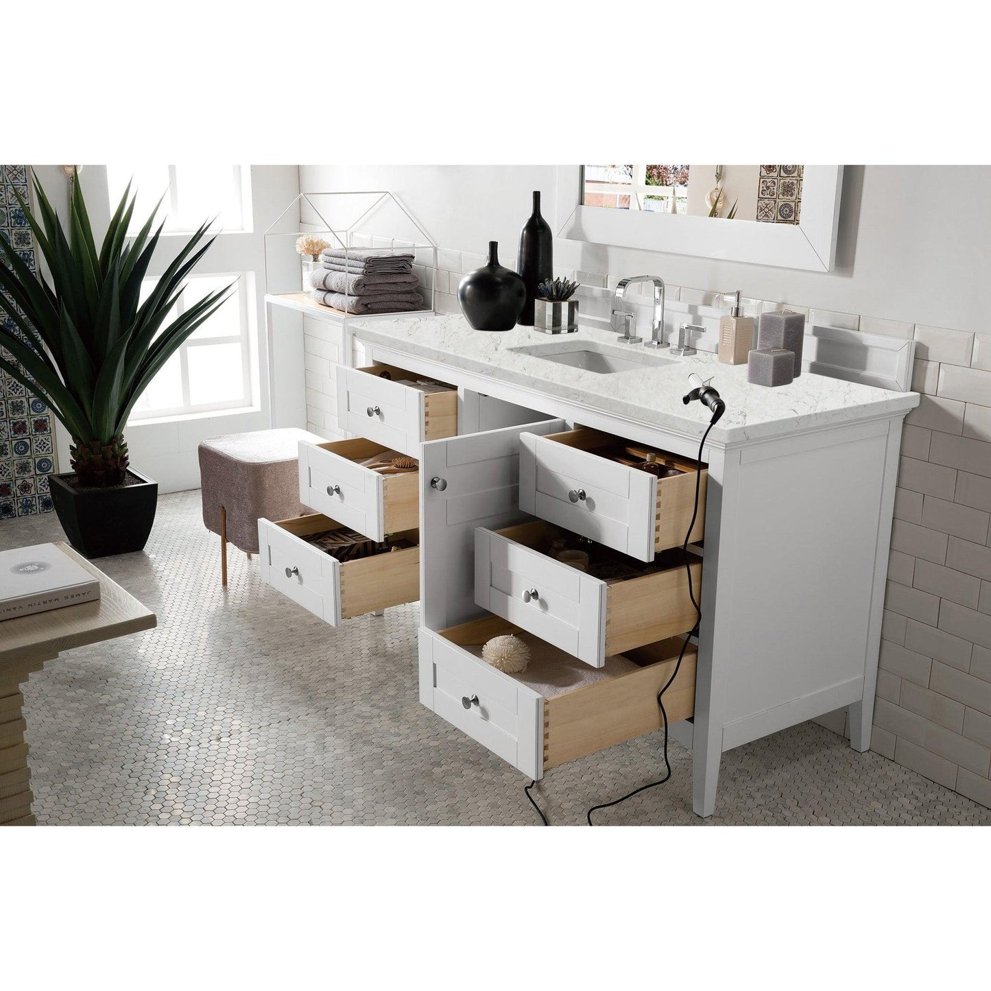 James Martin Vanities Palisades 60" Bright White Single Vanity With 3cm Eternal Jasmine Pearl Quartz Top