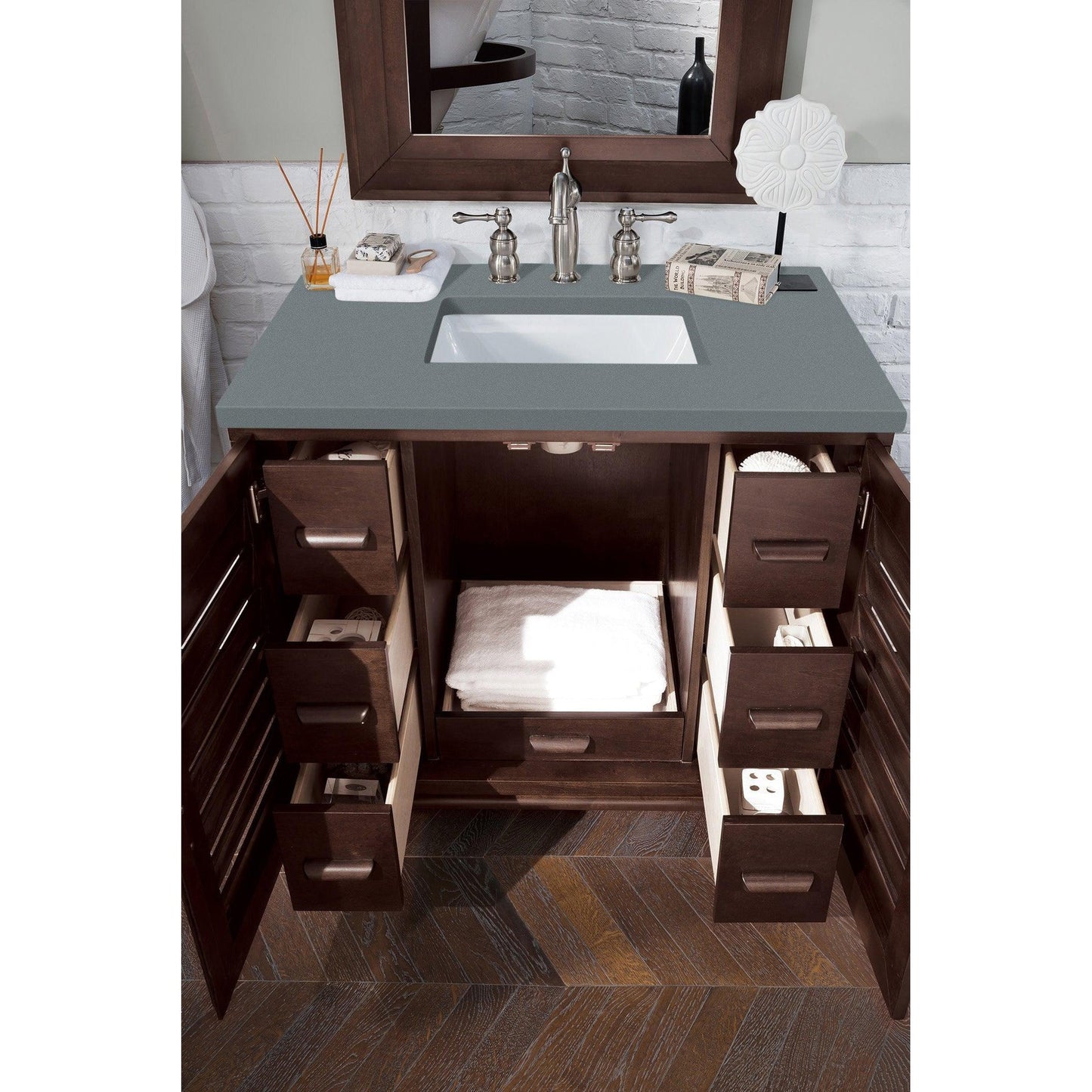 James Martin Vanities Portland 36" Burnished Mahogany Single Vanity With 3cm Cala Blue Quartz Top