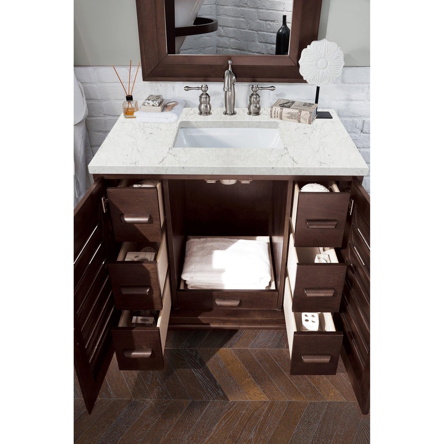 James Martin Vanities Portland 36" Burnished Mahogany Single Vanity With 3cm Eternal Jasmine Pearl Quartz Top