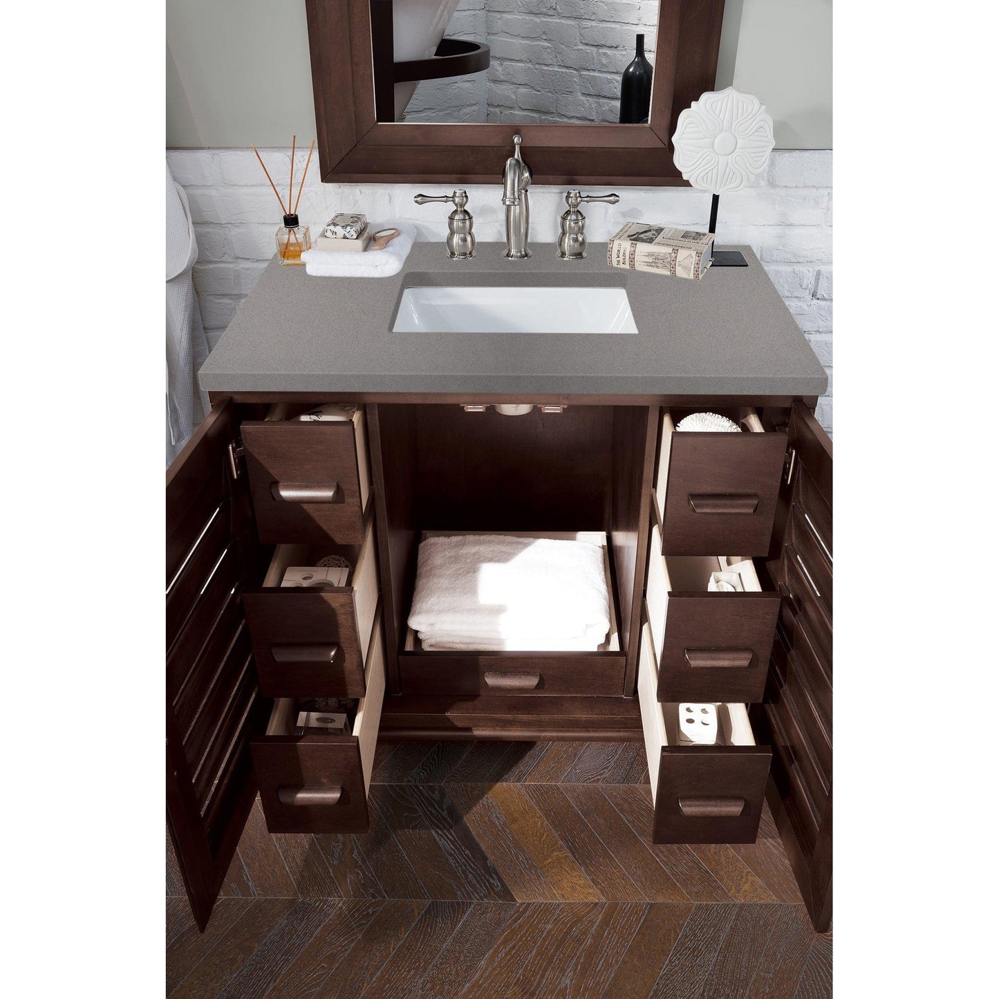 James Martin Vanities Portland 36" Burnished Mahogany Single Vanity With 3cm Grey Expo Quartz Top