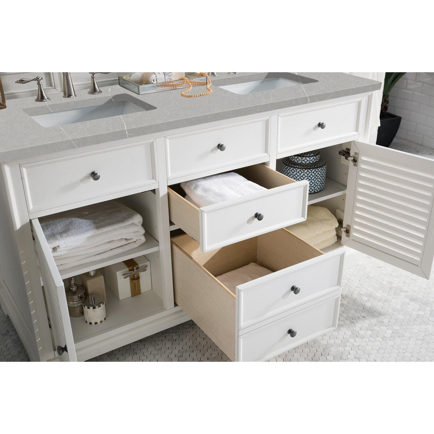 James Martin Vanities Savannah 60" Bright White Double Vanity Cabinet With 3cm Eternal Serena Quartz Top