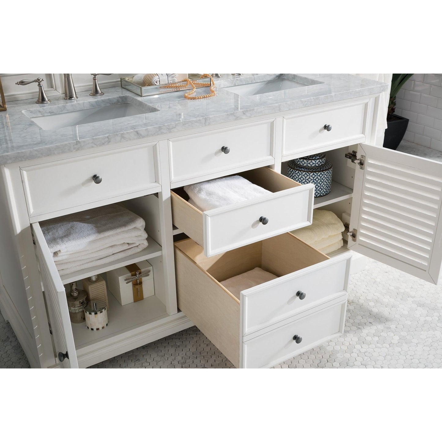 James Martin Vanities Savannah 60" Bright White Double Vanity With 3cm Carrara White Top