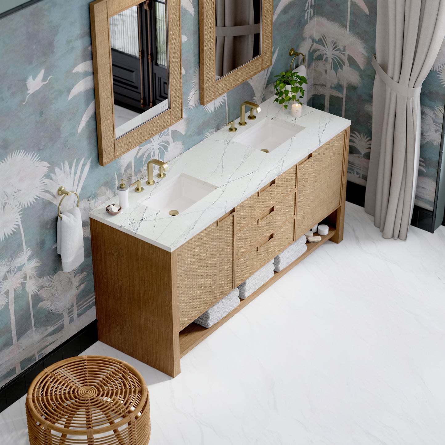 James Martin Vanities Solene 72" Seaside Oak Double Vanity With 3cm Ethereal Noctis Silestone Top With FreePower Wireless Charger