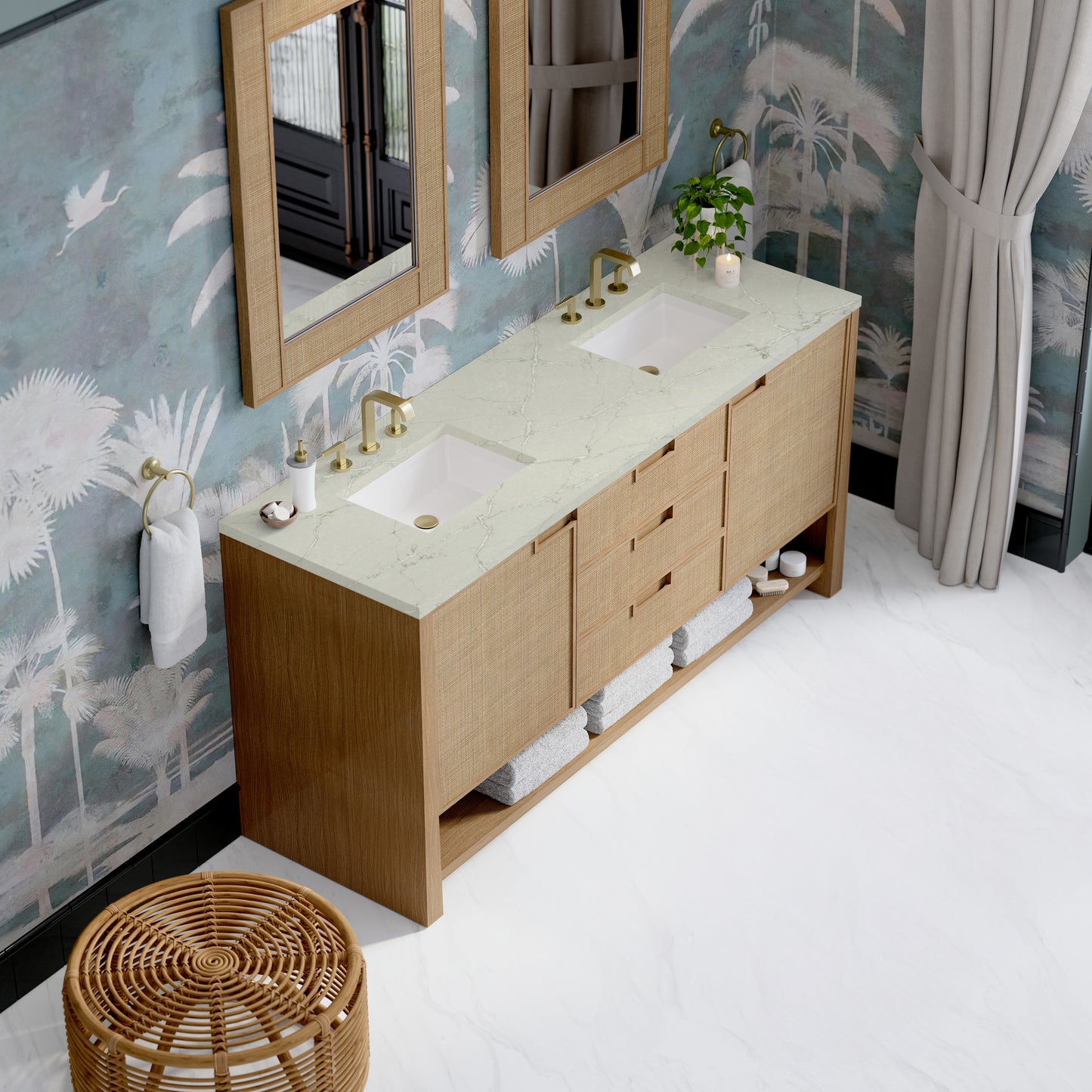 James Martin Vanities Solene 72" Seaside Oak Double Vanity With 3cm Victorian Silver Silestone Top With FreePower Wireless Charger