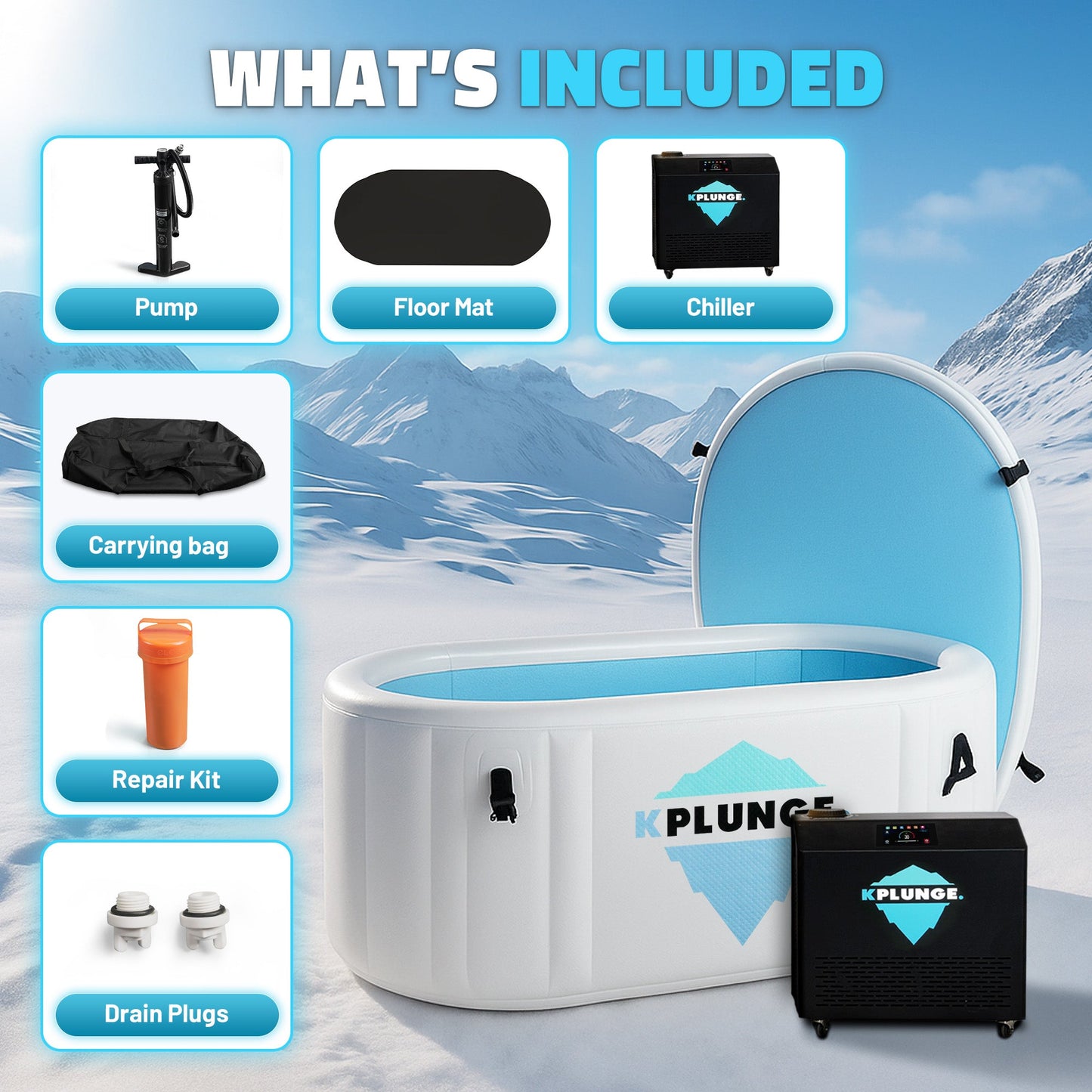 K-Plunge Kodiak 60" Gray 1-Person Inflatable Cold Plunge Ice Bath Tub/Hot Tub With PVC Insulated Lid, Hand Pump, Repair Kit and 1 hp Chiller