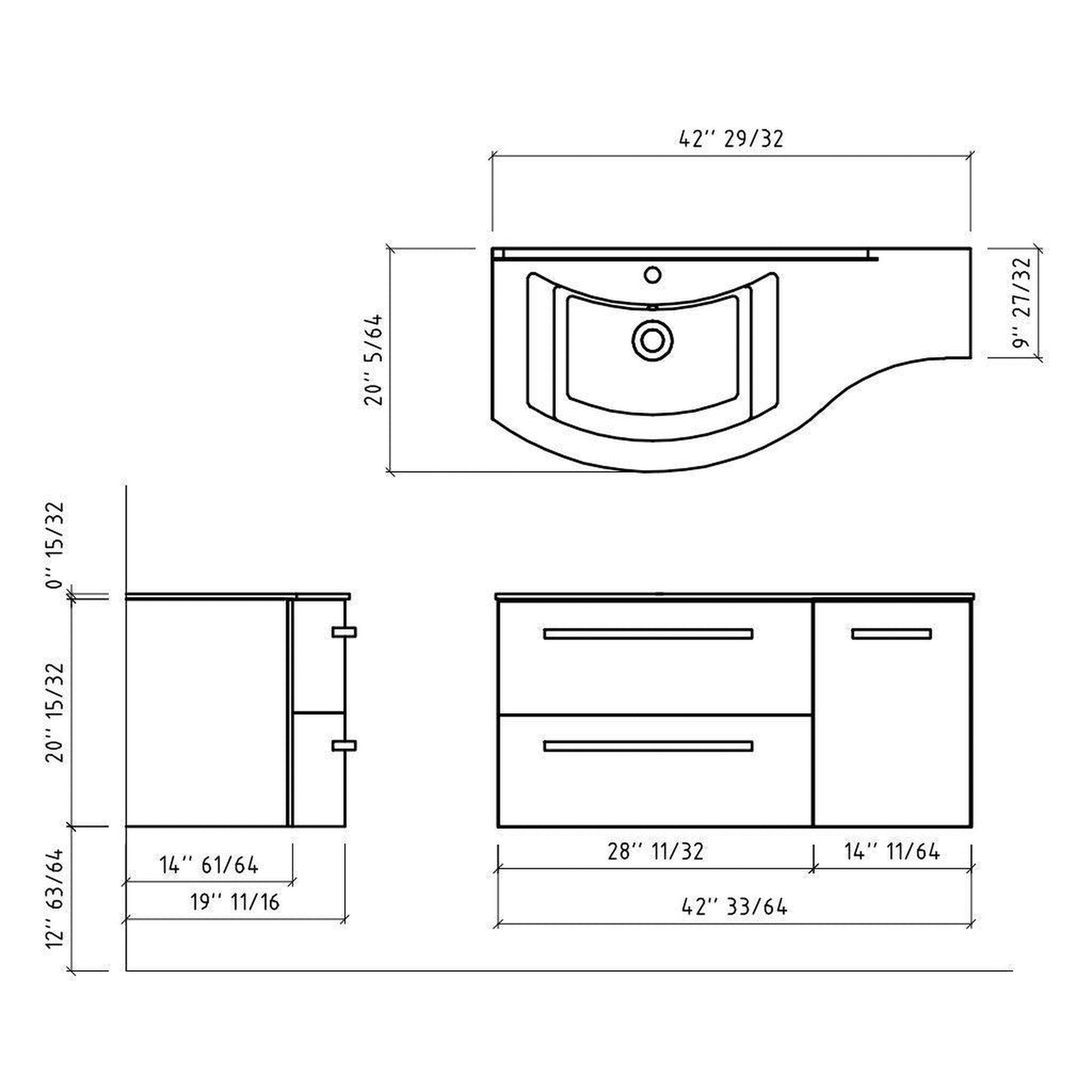 LaToscana Ameno 43" Slate Wall-Mounted Vanity Set With Right Concave Cabinet