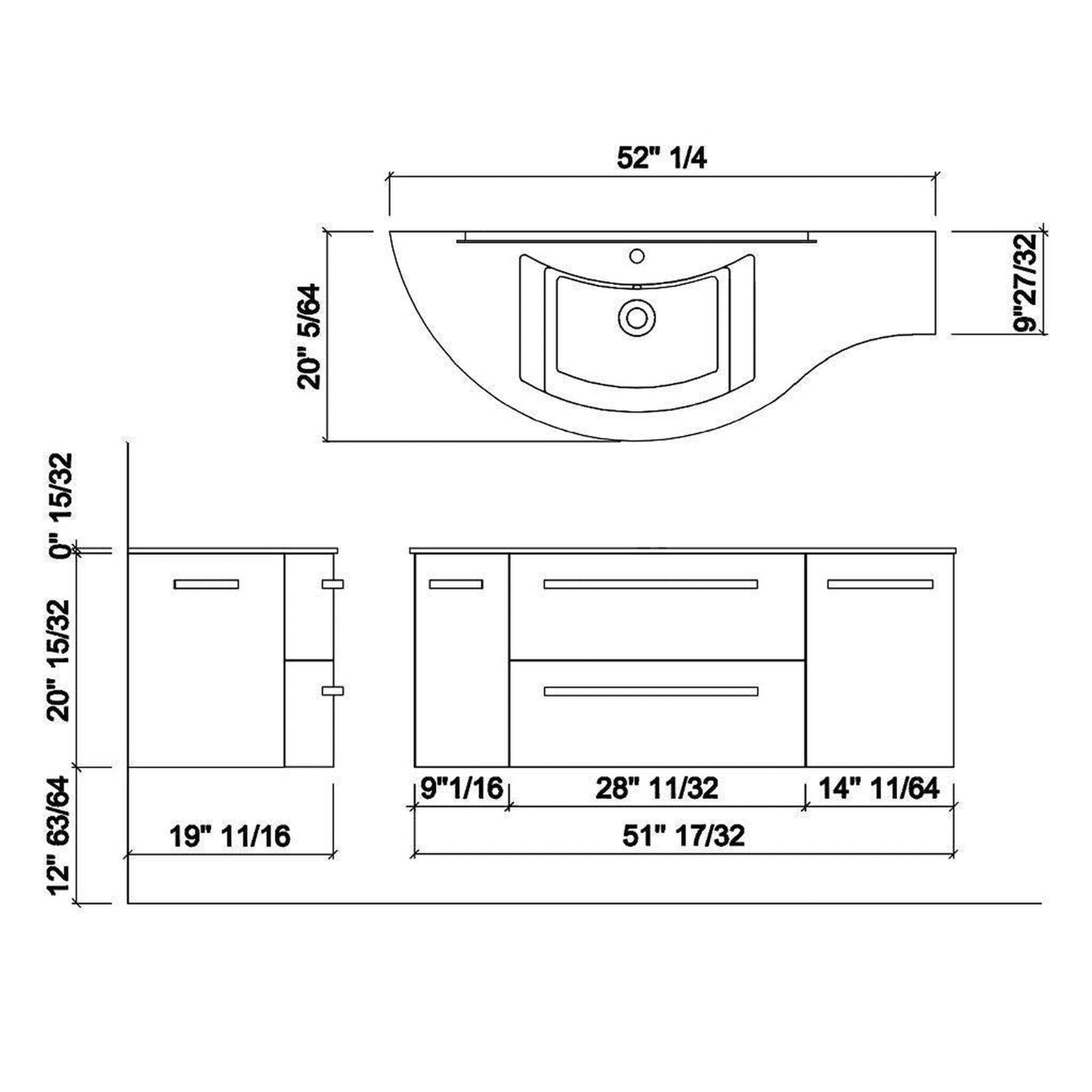 LaToscana Ameno 52" Slate Wall-Mounted Vanity Set With Left Rounded & Right Concave Cabinets