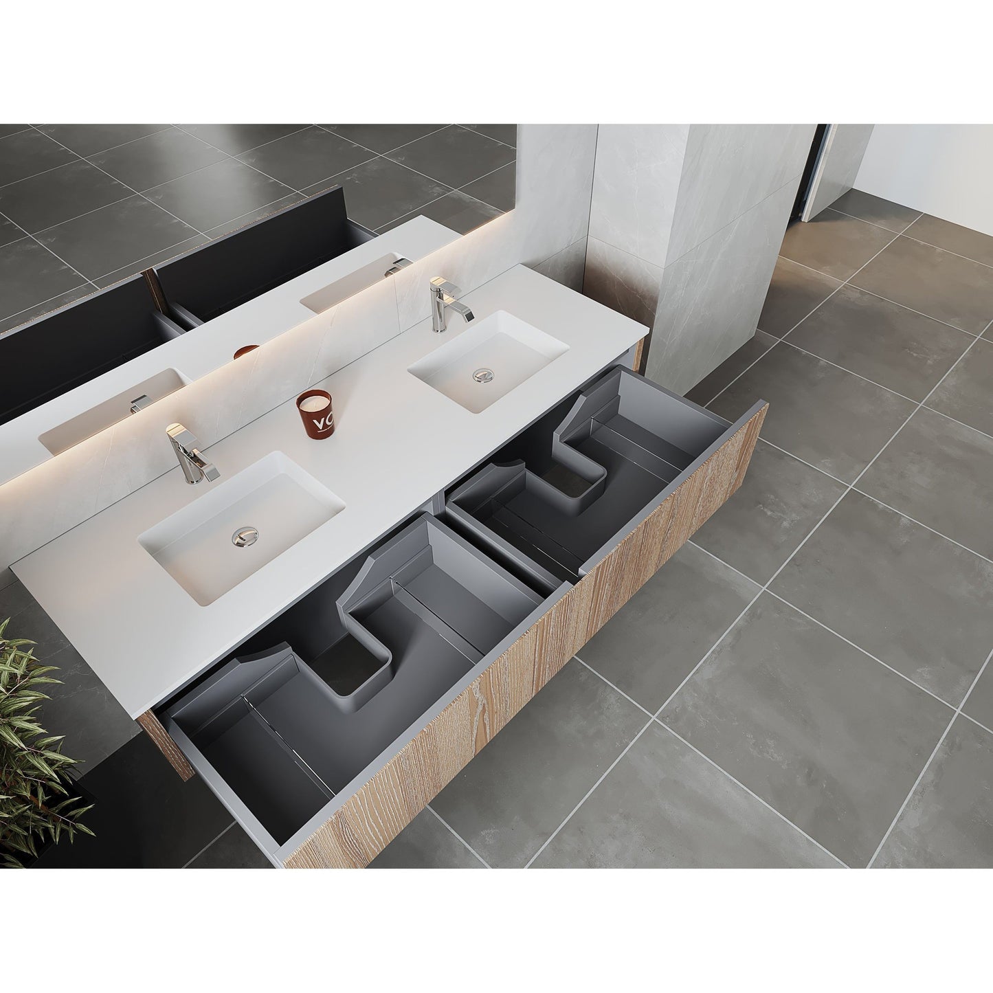 Laviva Legno 72" Weathered Gray Vanity Base and Matte White Solid Surface Countertop With Integrated Double Sink