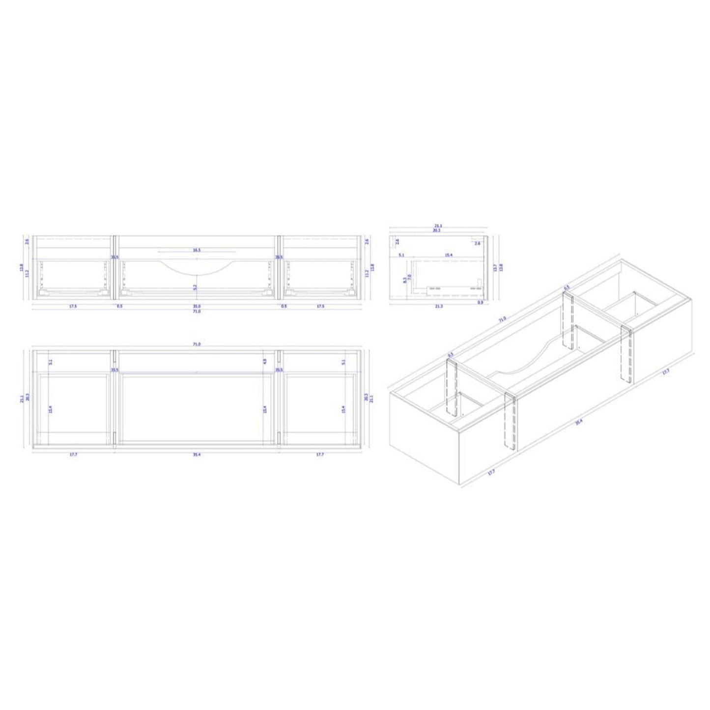 Laviva Vitri 72" Wall Cloud White Mounted Single Sink Vanity Base