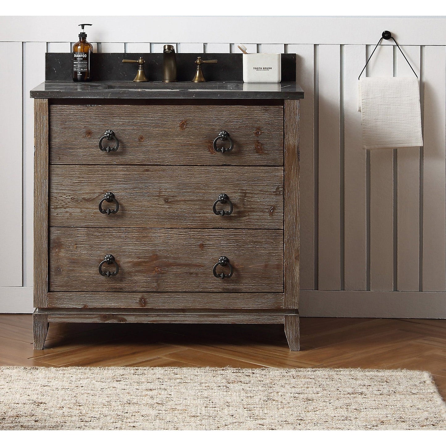 Legion Furniture WH8836 36" Brown Rustic Freestanding Vanity With Moon Stone Marble Top, Backsplash and White Ceramic Sink